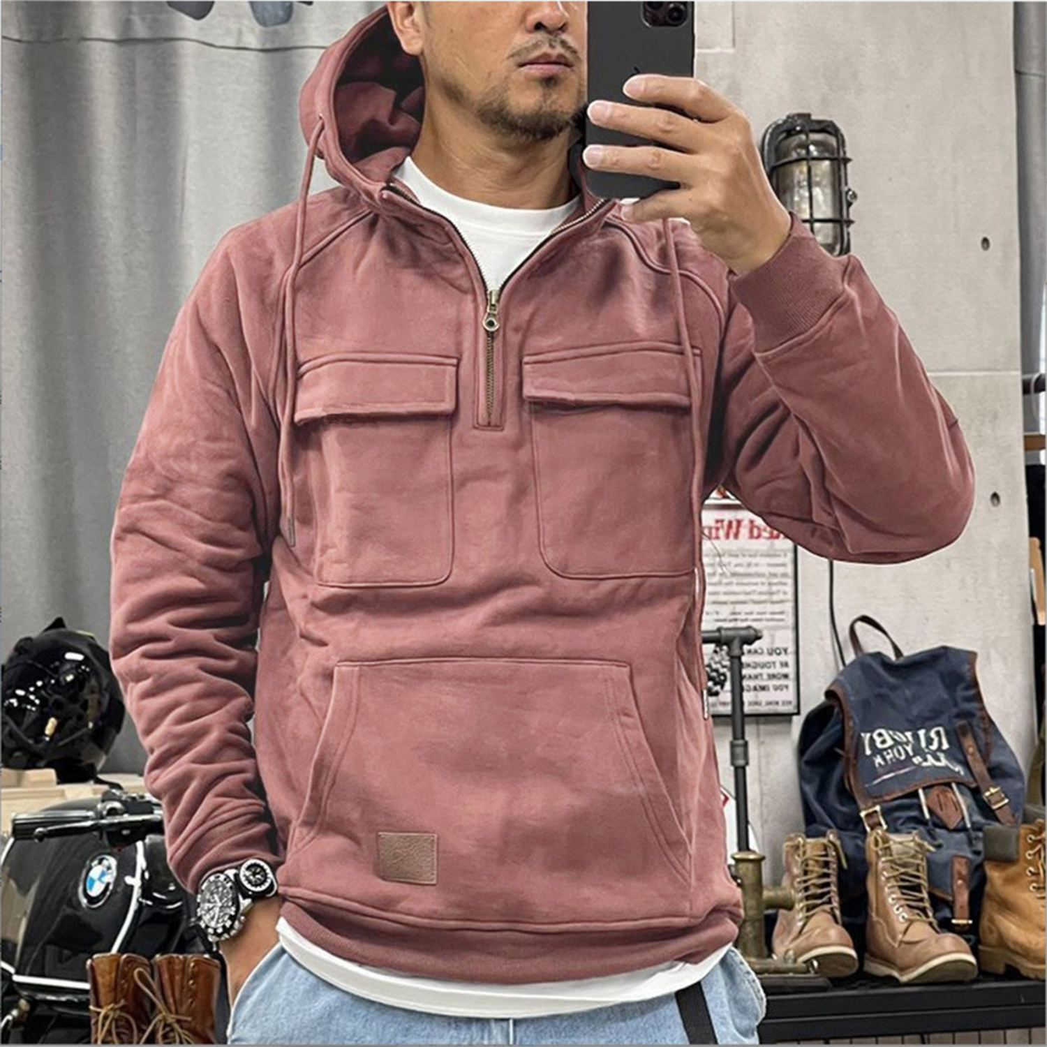 Men's Casual Zip Double Pocket Hooded Sweatshirt, custom hoodie or sweatshirt with logo imprint 4