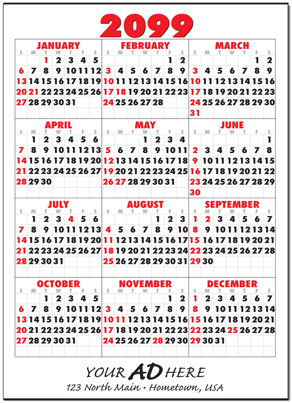 Big Numbers Year View Calendar