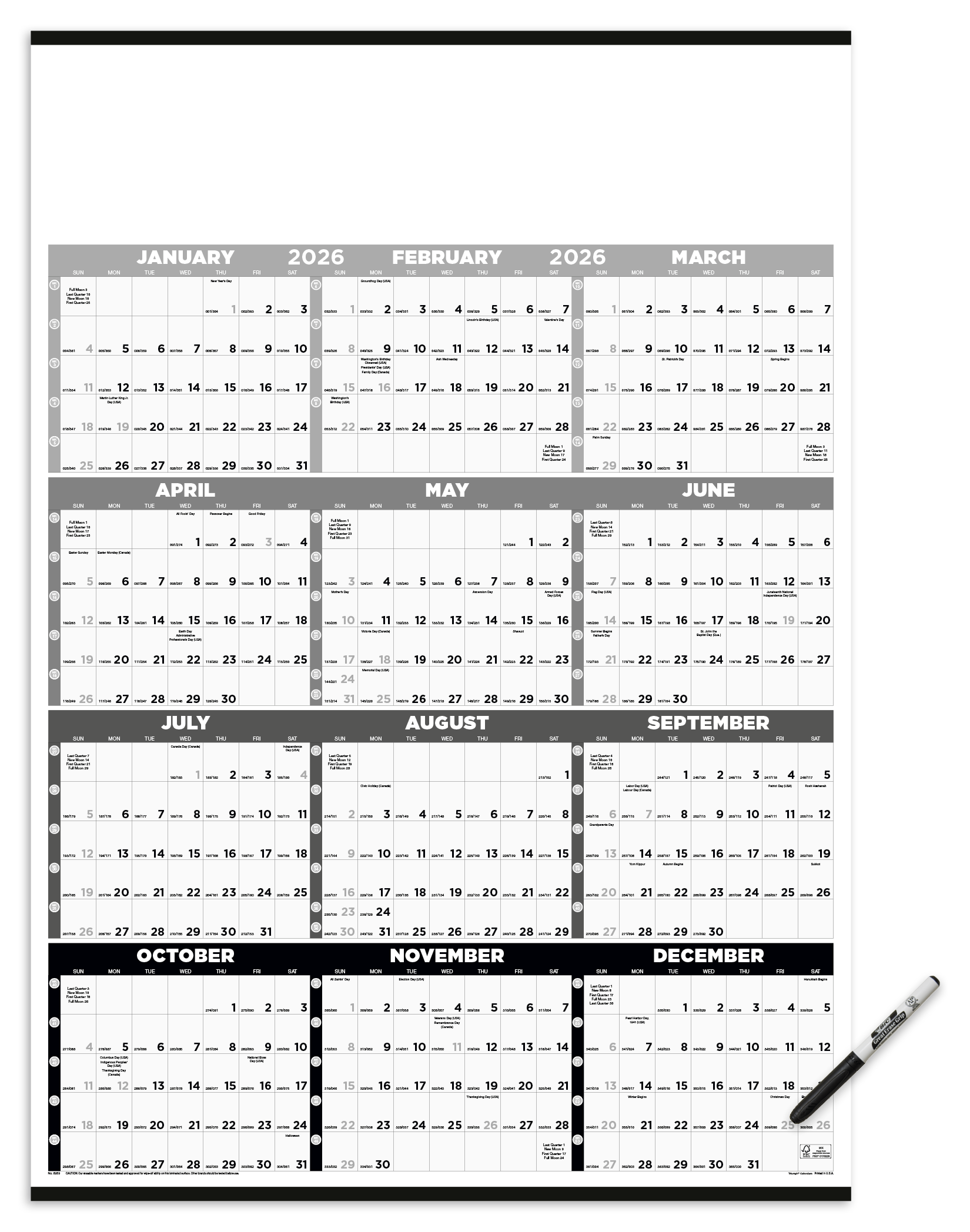 Triumph® Calendars Black & White Time Management Span-A-Year Laminated w/Marker Calendar 6