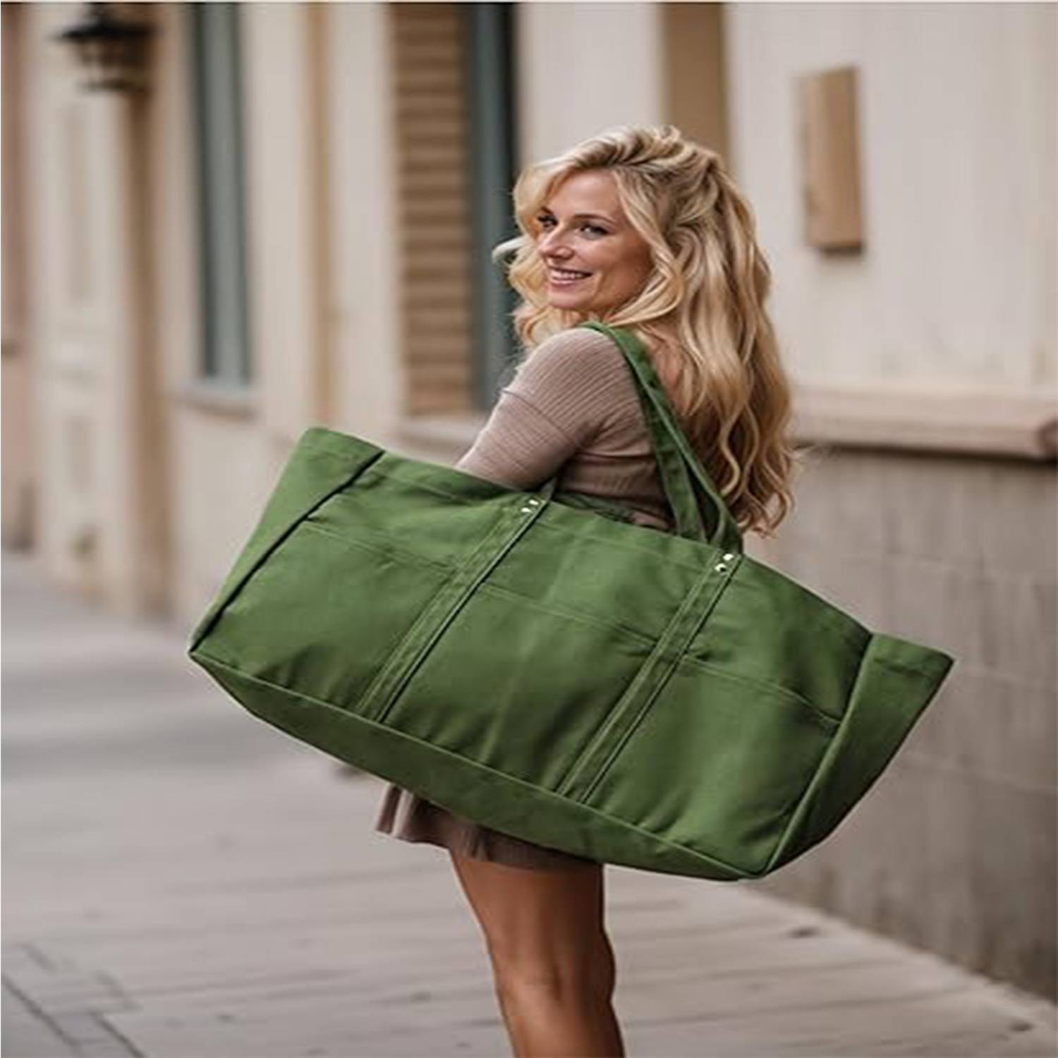 Large Capacity Canvas Tote Bag w/ Pocket for Work Travel, custom tote bag with logo imprint 5