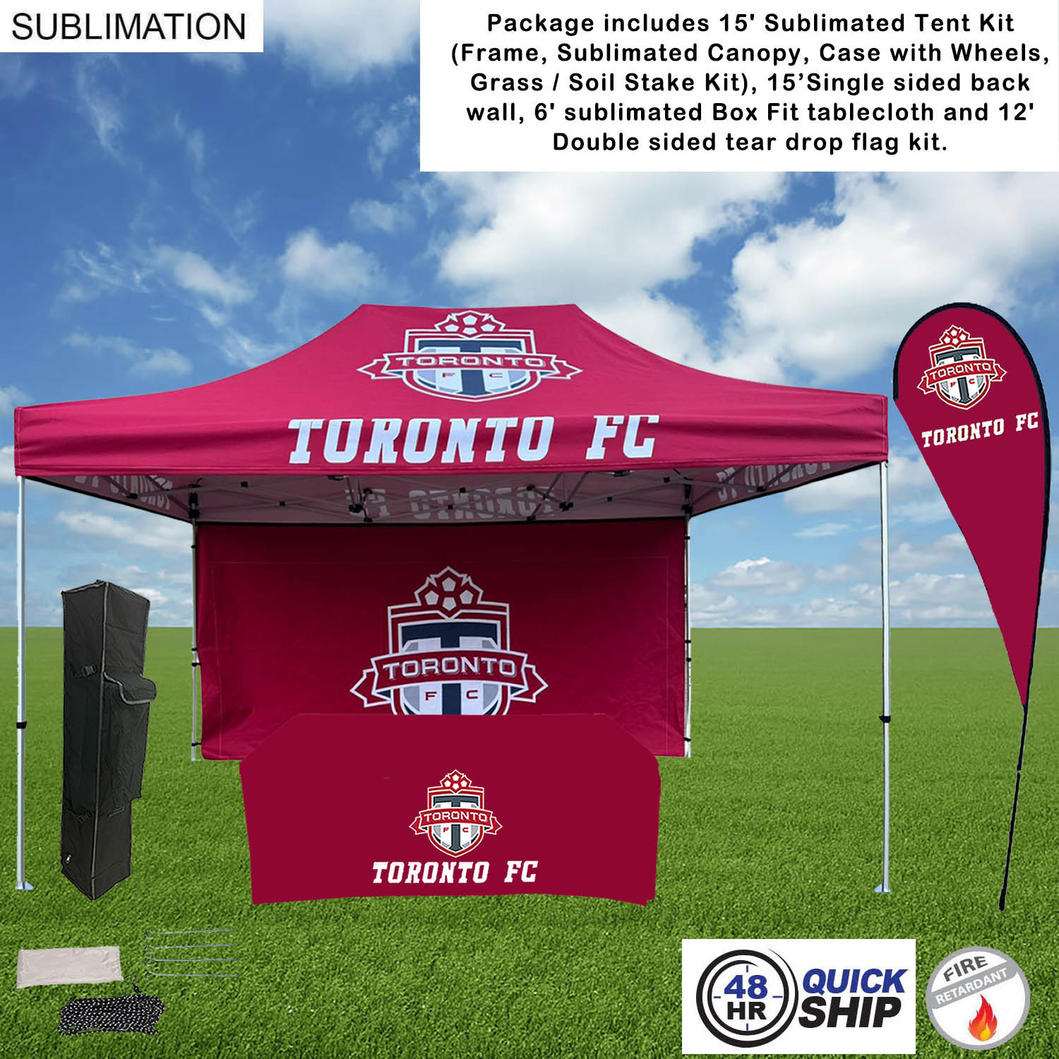 48Hr Quick Ship -Deluxe Tent Flag Package, 15' Tent, 15' Backwall, Tablecloth, Double sided Flag Kit 23