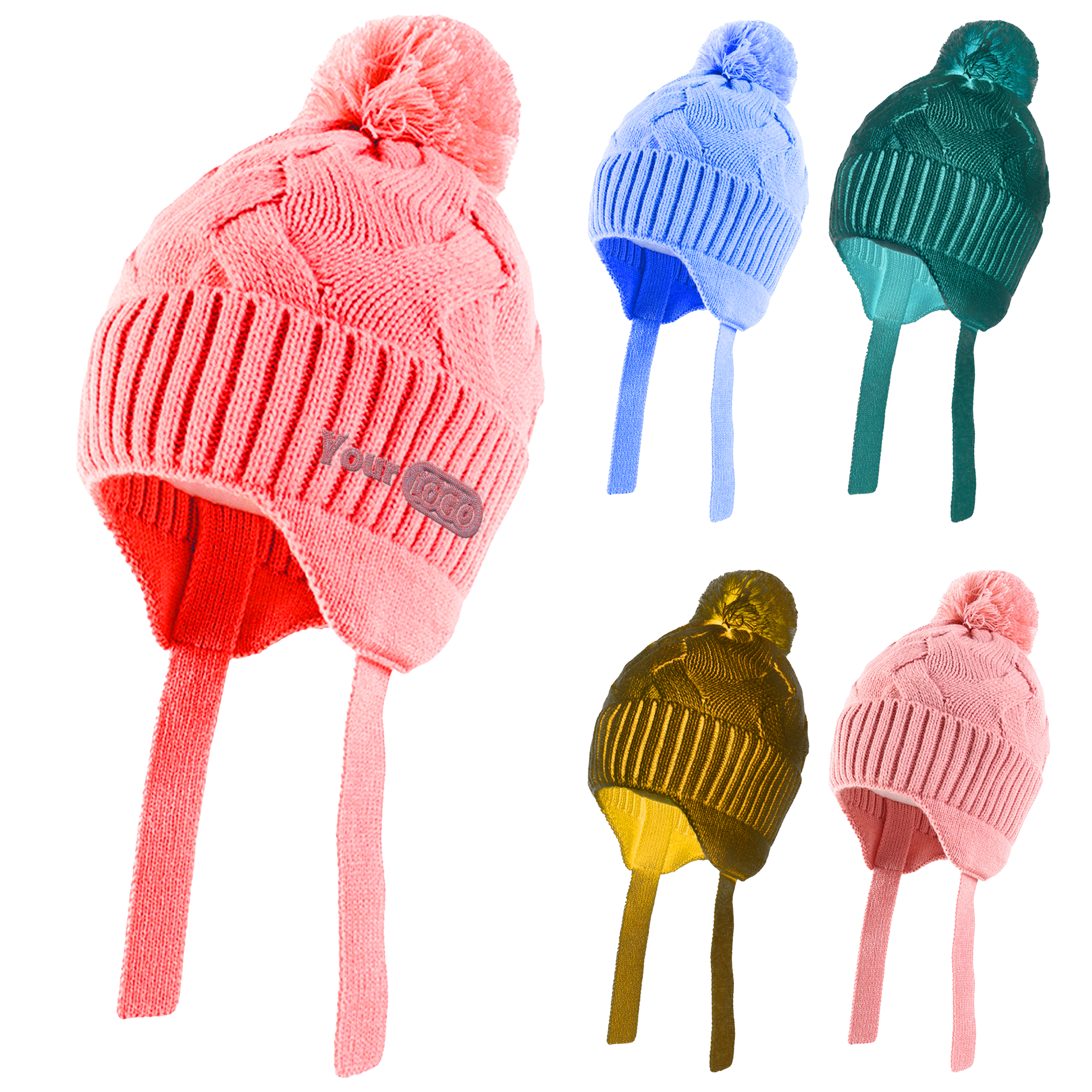 Acrylic Warm And Cozy Knit Winter Hat With Ear Flaps And Pom-Pom 1