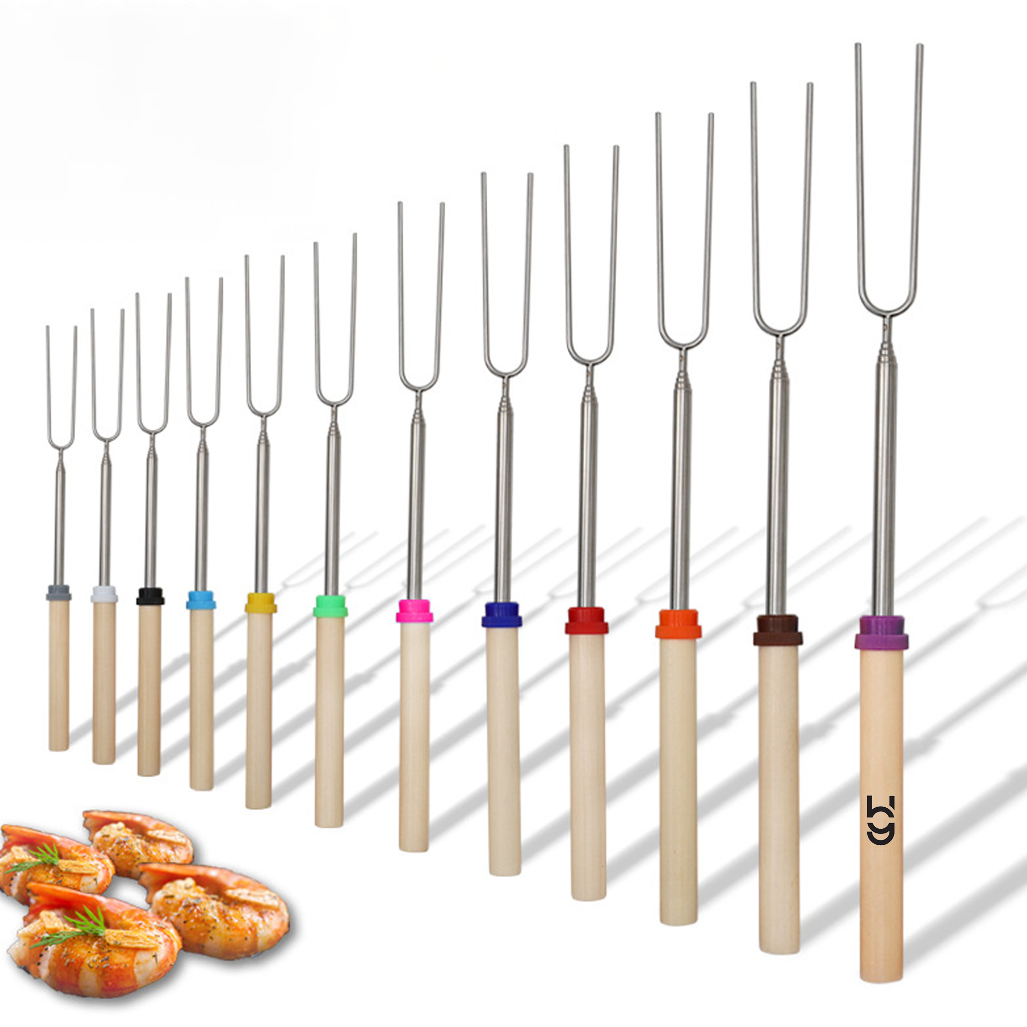 Telescopic Wooden Handle Stainless Steel Hot Dog Fork Outdoor BBQ 1