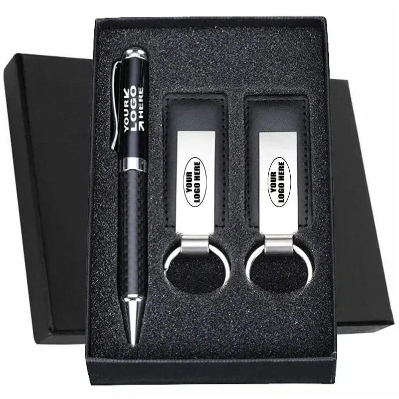 Dual Leatherette Keychains and Ballpoint Pen Gift Set 3