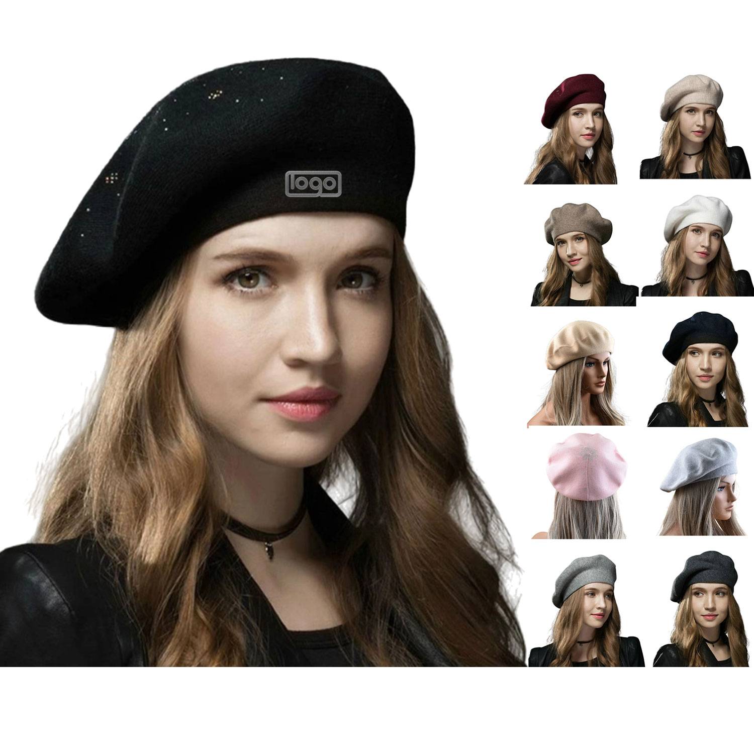 Round Crown Wool Beret Hat w/ Rhinestone Detailing 16