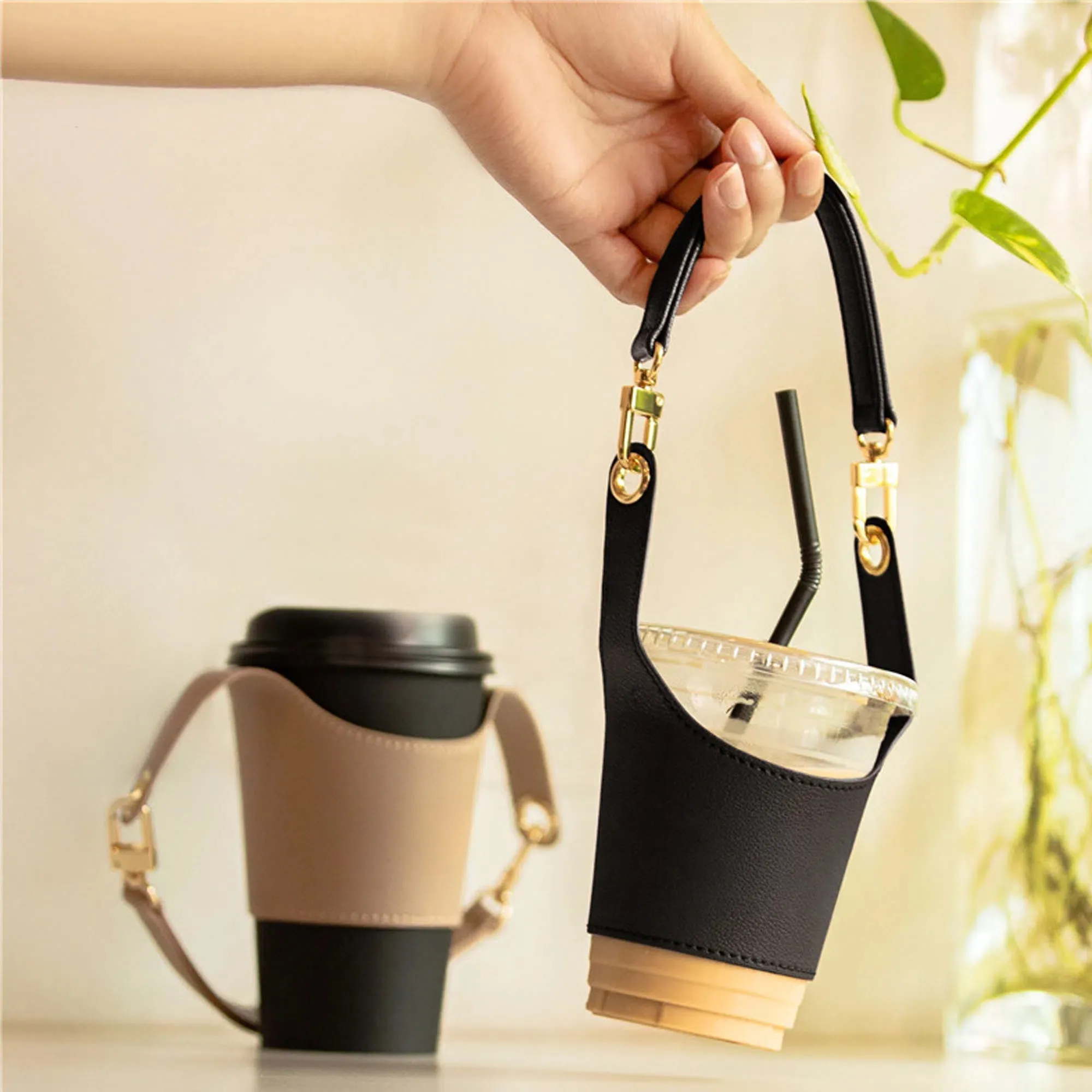 Leather Coffee Cup Sleeve Holder Drink Carrier With Handle 2