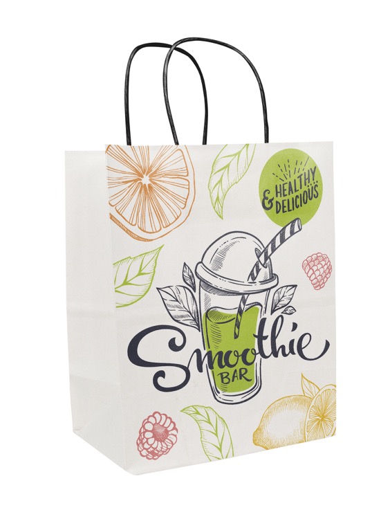Full Color 1 Sided White w/ Black Handled Shopper Bag (8" x 10.25" x 5")