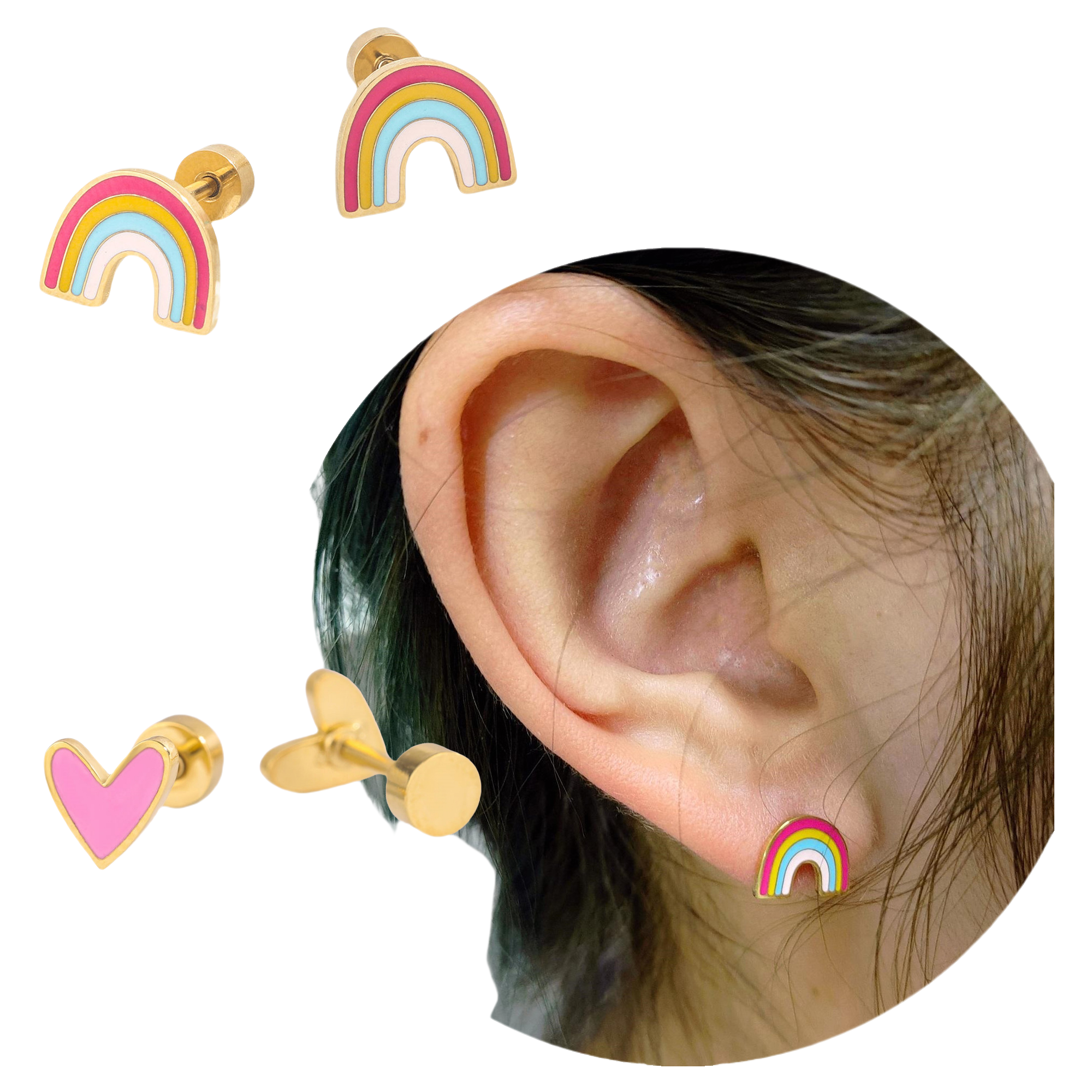 Heart Rainbow Flower Enamel Oil Drop Stud Earrings MOQ10 1