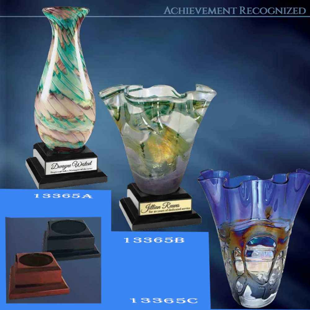 14 1/2" SWIRL ART GLASS VASE WITH PIANO FINISH PEDESTAL BASE 1