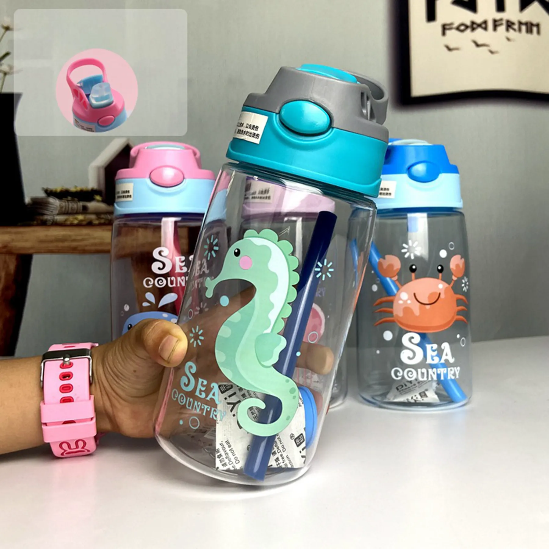16 Oz. Cartoon Plastic Water Bottle with Straw 6