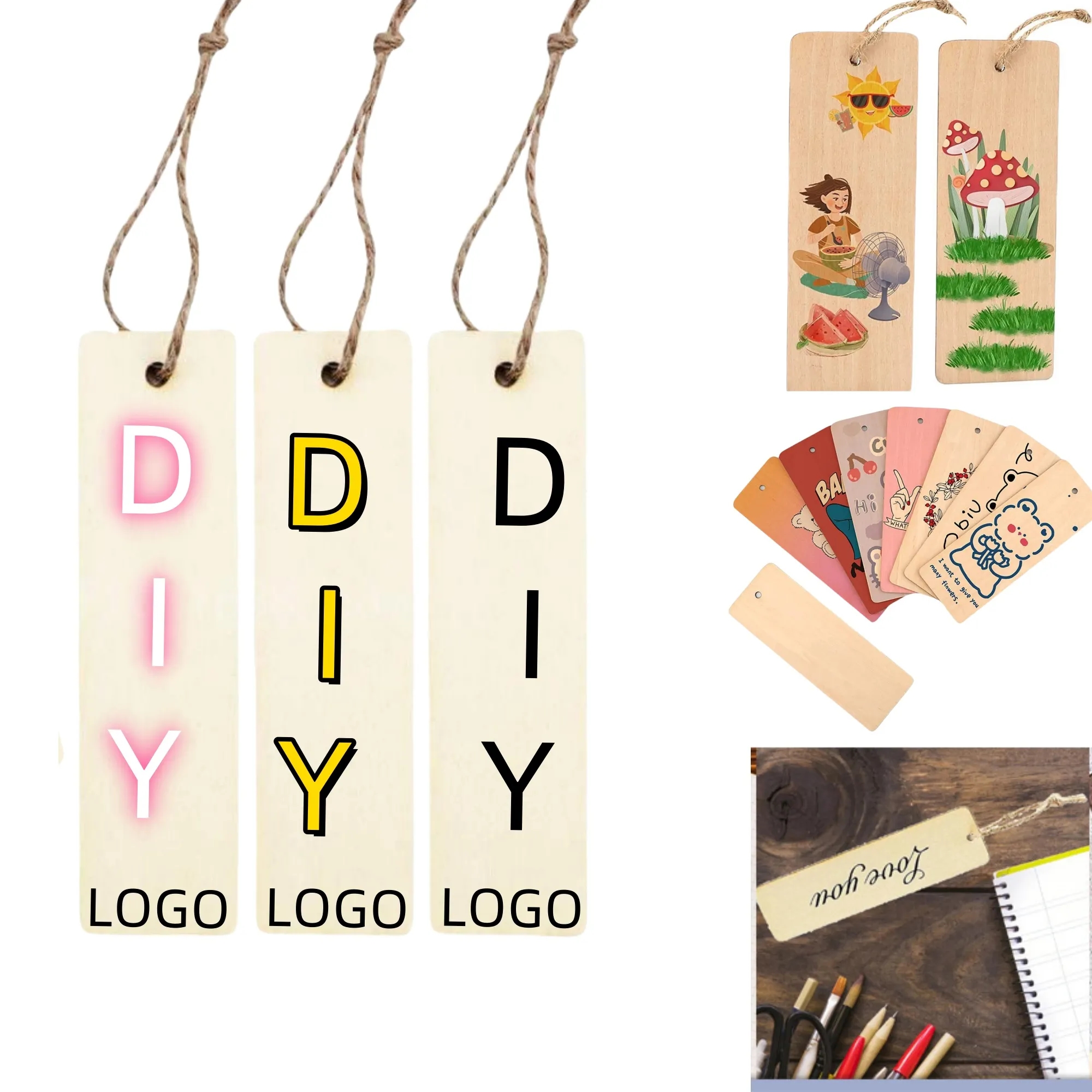 Wood Bookmarks DIY Tags Blank Wooden Chips With Hemp Ropes