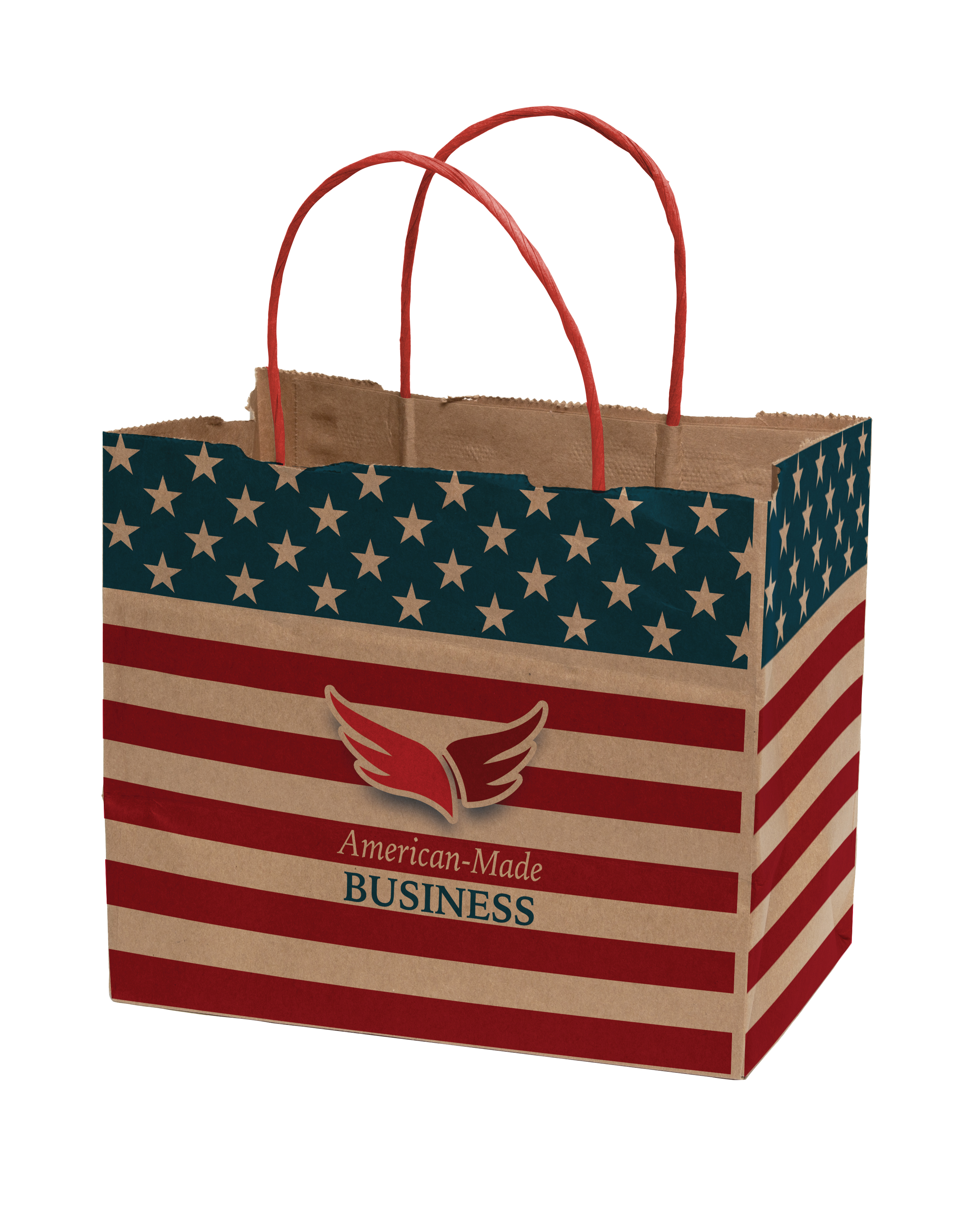 Multi-Sided Full Color Natural Shopper Paper Bag - Red Handle (8.5"x 7.25"x 5") 3