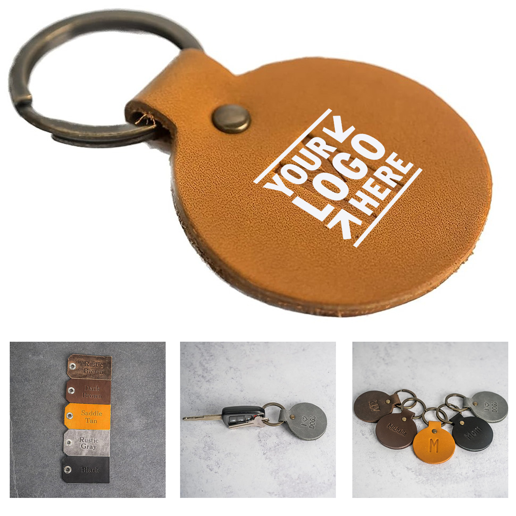 Round Personalized Premium Leather Keychain Custom Key Fob 2