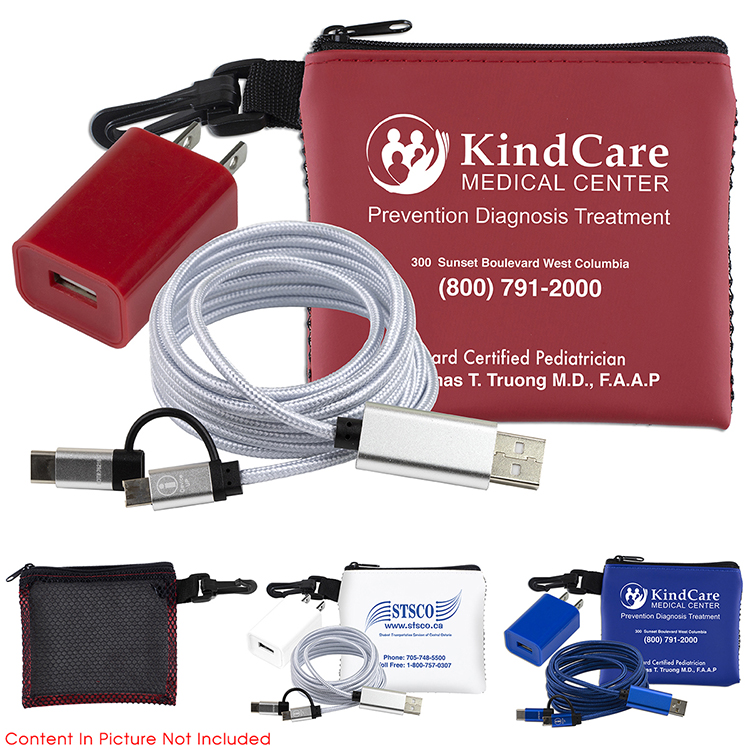 “TechMesh Pro” Mobile Tech Charging Cable Kit in Mesh Zipper Pouch Components inserted into Zipper P