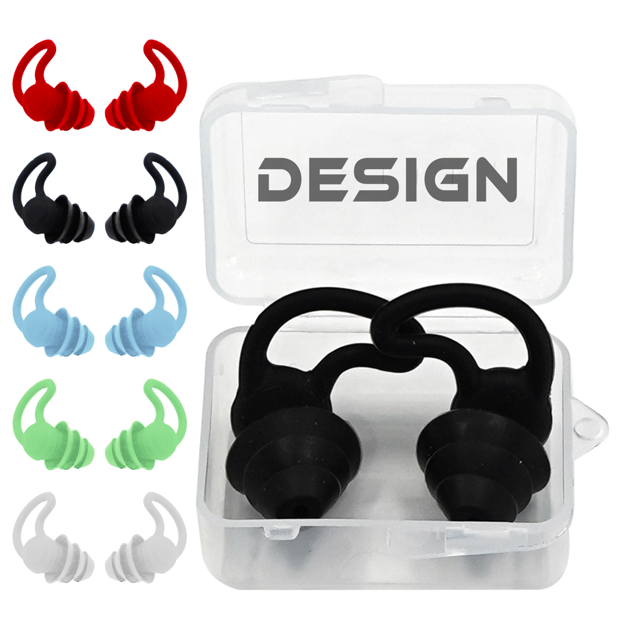 Waterproof Silicone Noise Cancelling Earplugs and Clear Clip Case 1