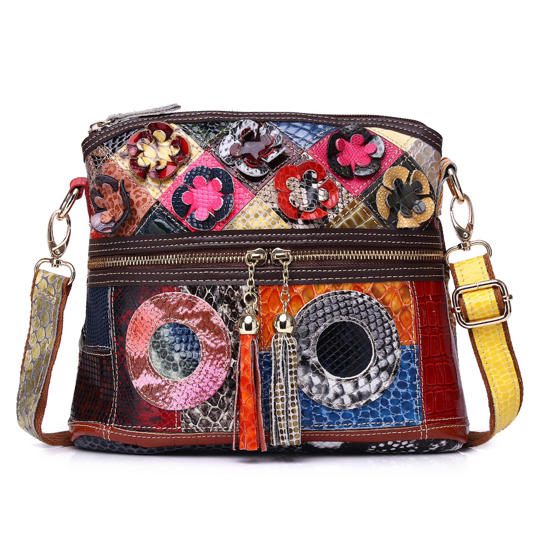 Genuine Leather Contrasting hand-fringed floral paneling bag 4