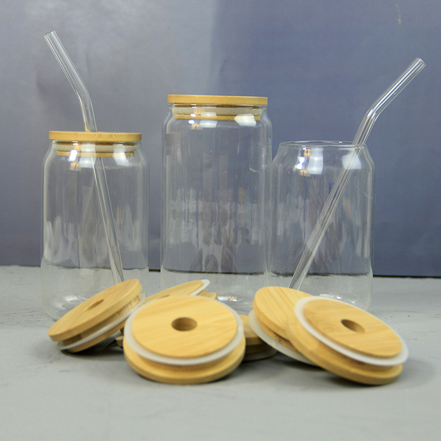 12Oz Clear Glasses Water Bottle With Wooden Lid And Straw 3