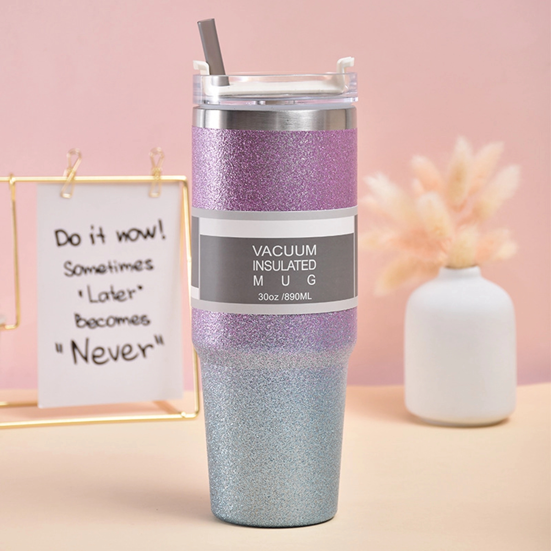 30oz Double Wall Glitter Coffee Tumbler with Straw & Lid 11