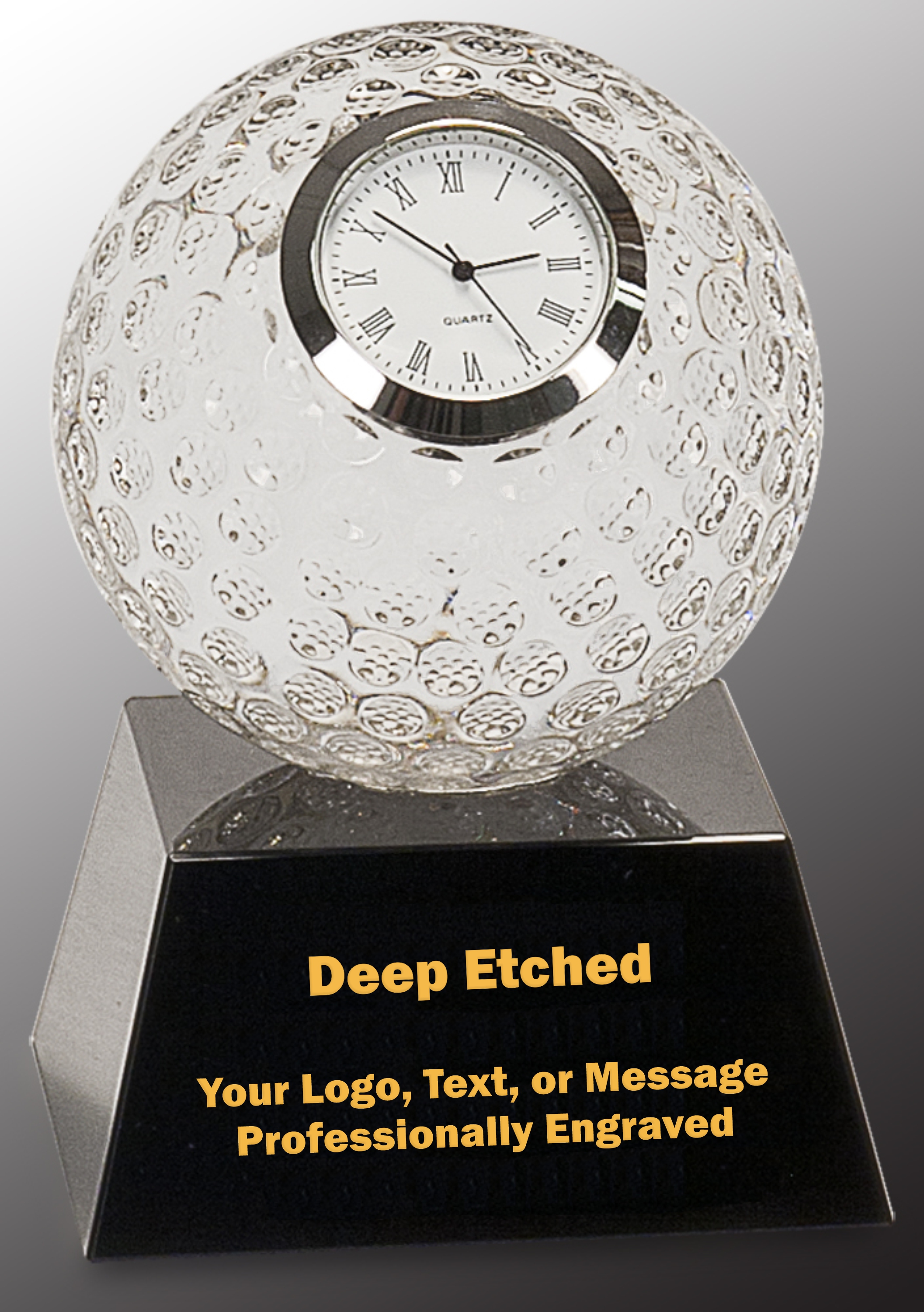 5" Clear Crystal Golf Ball Clock Award with Black Pedestal Base