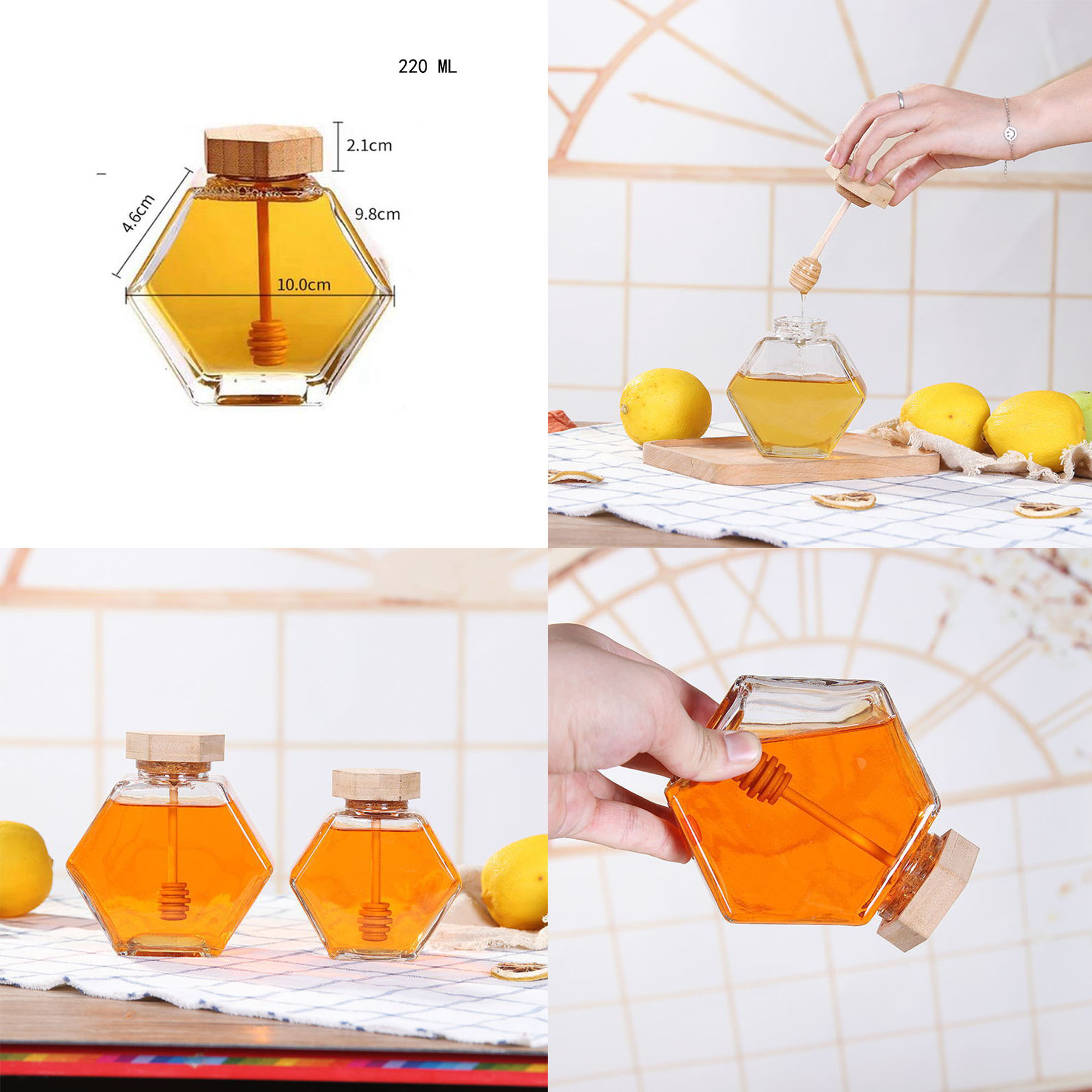 Hexagonal Glass Honey Bottle with Wooden Stirring Rod 2