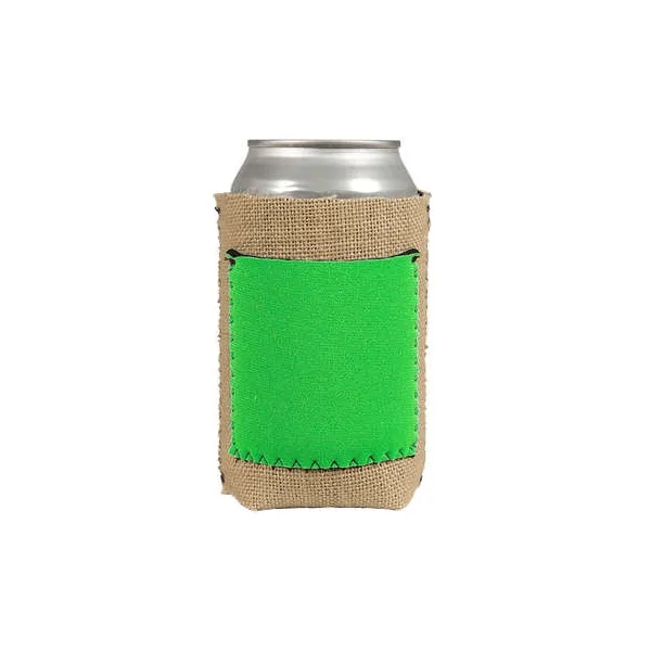 Burlap Can Cooler with Neoprene Pocket, custom can cooler with logo imprint 3