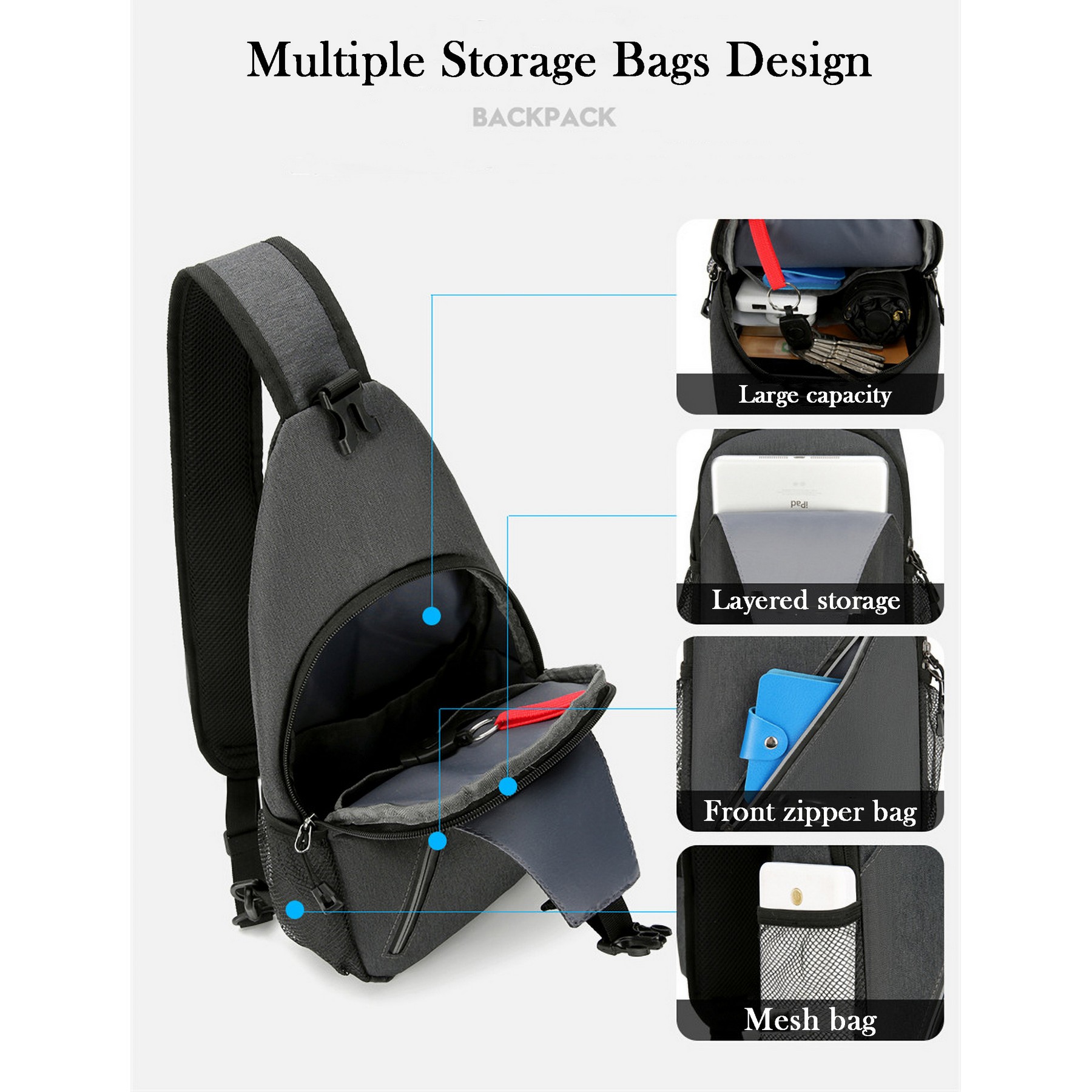 Crossbody Sling Backpack, Travel Hiking Chest Bag Daypack 9