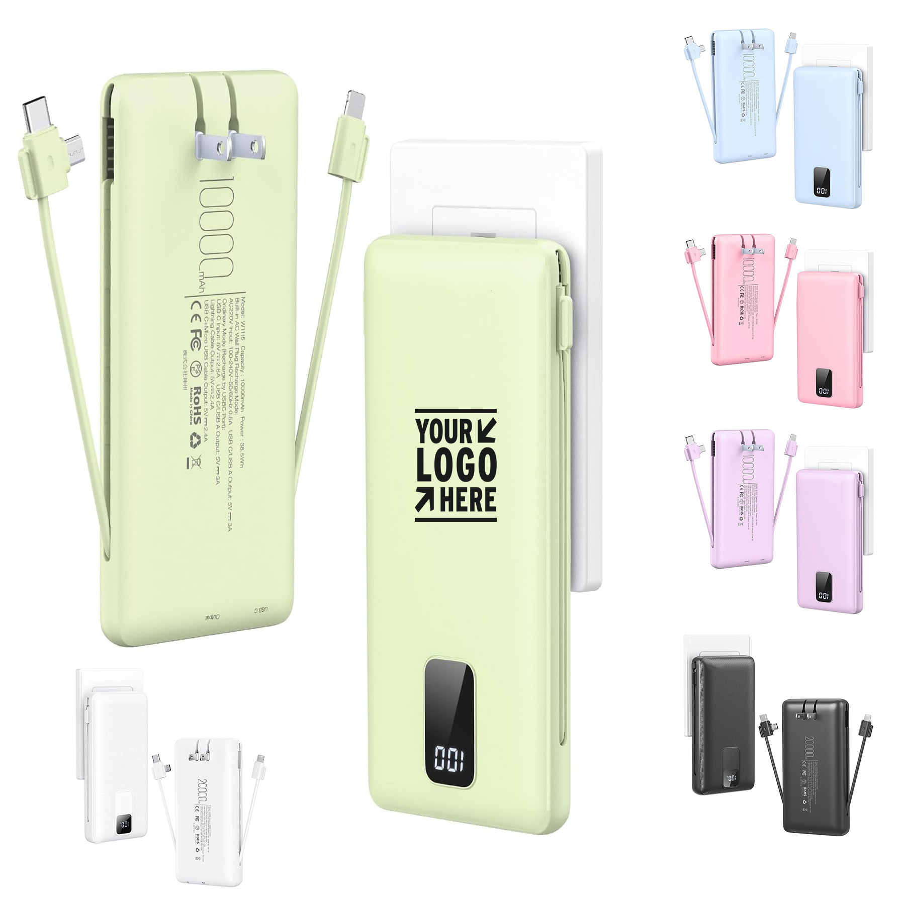 10000mAh Built-in Cable AC Wall Plug Portable External Battery Pack Charger Ultra Slim Power Bank 2