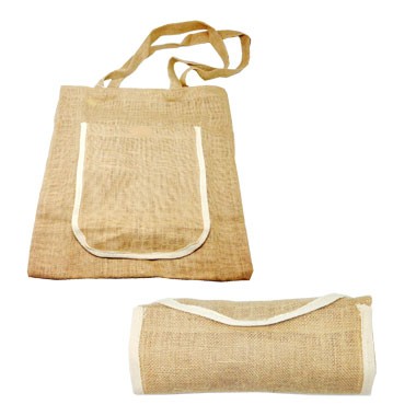 Foldable all purpose natural soft jute tote bag with cotton trim pocket, custom tote bag with logo imprint 1