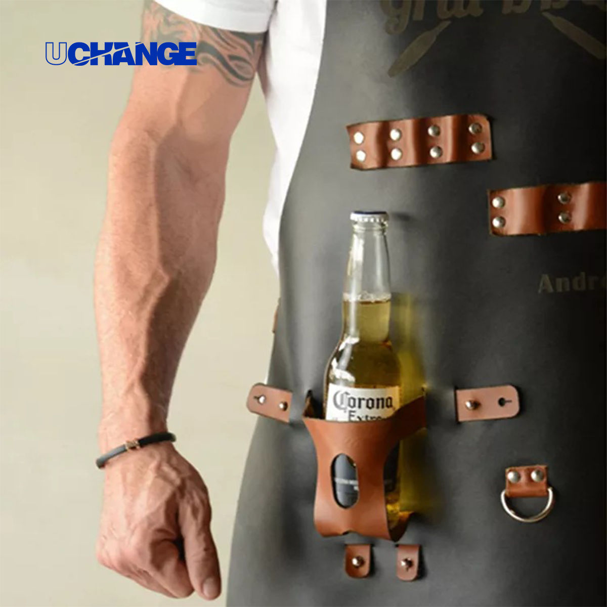 PU Leather BBQ Apron with Bottle Holder & Pockets 5