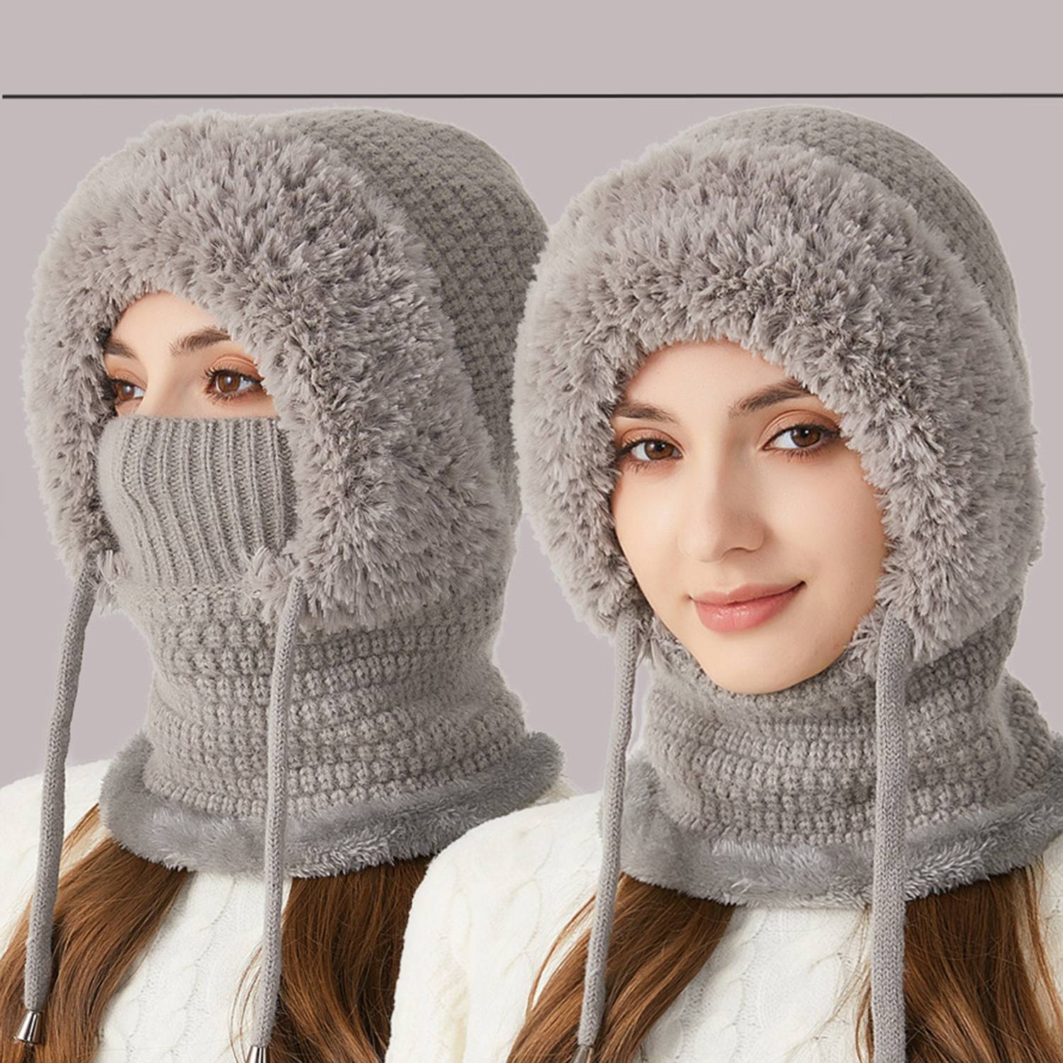 Women Winter Knit Beanie Hat w/ Face Mask 8