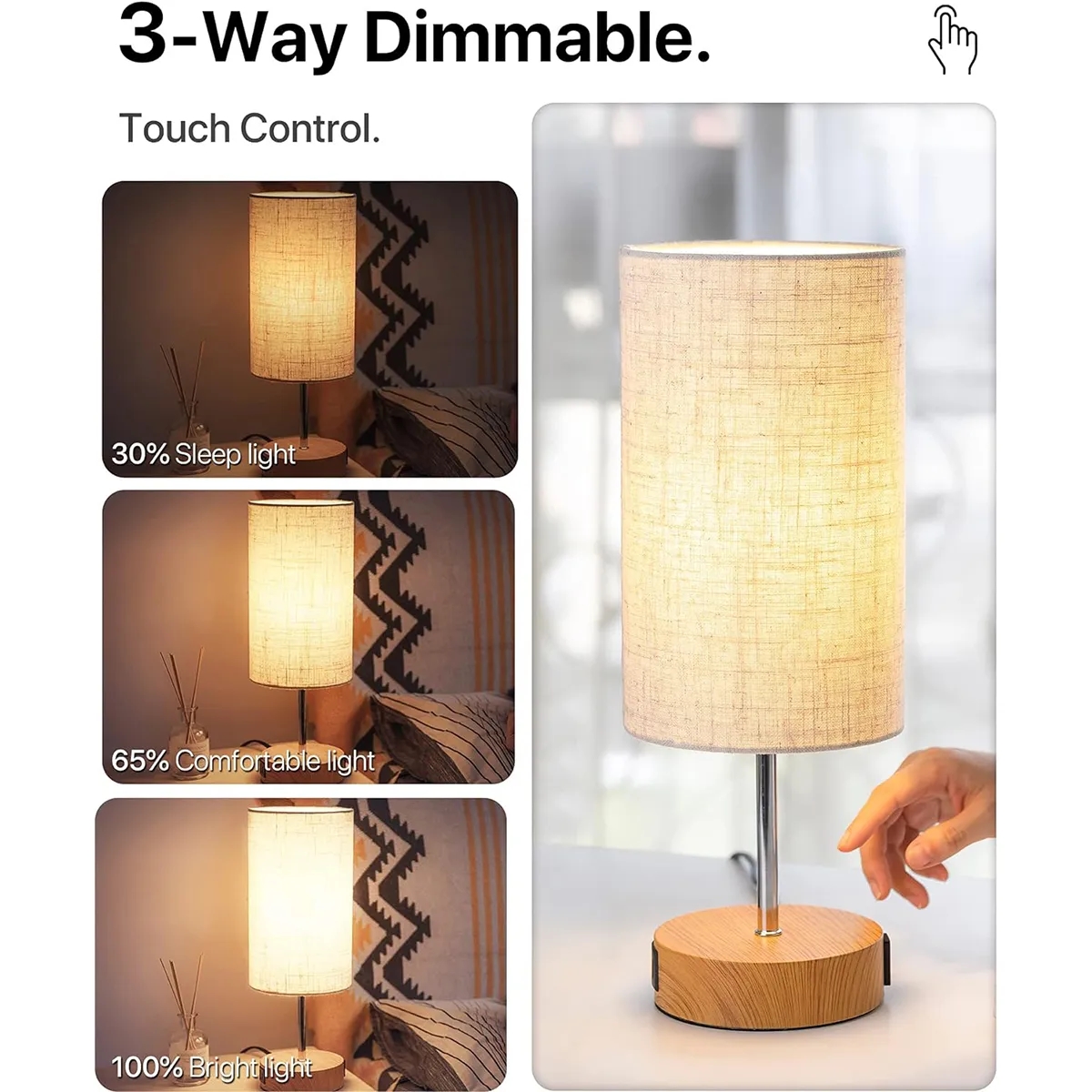 Linen Fabric Shade Bedside Touch Control Table Lamp 4