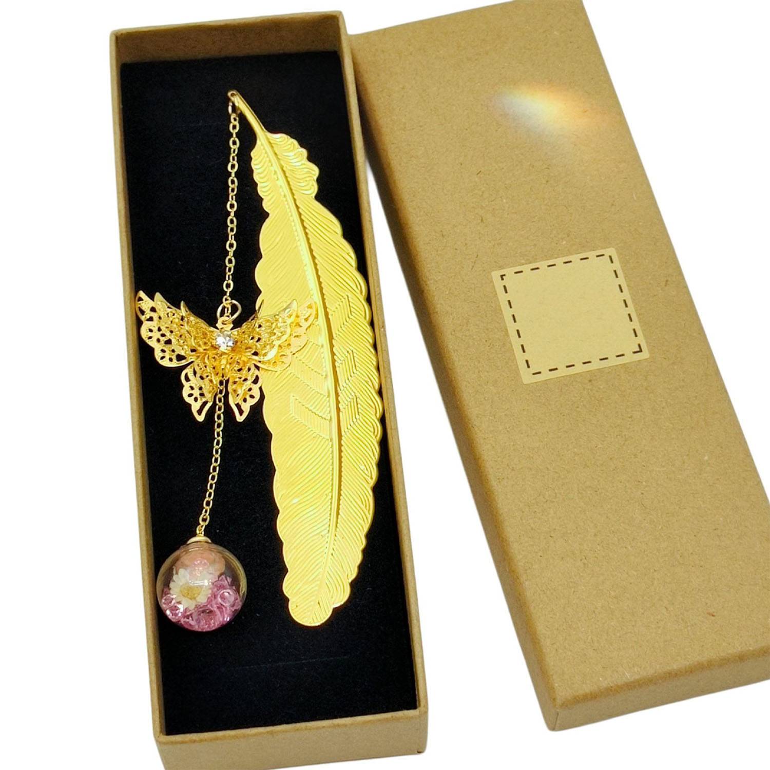 Metal Feather Bookmark w/ Butterfly and Glass Bead 2