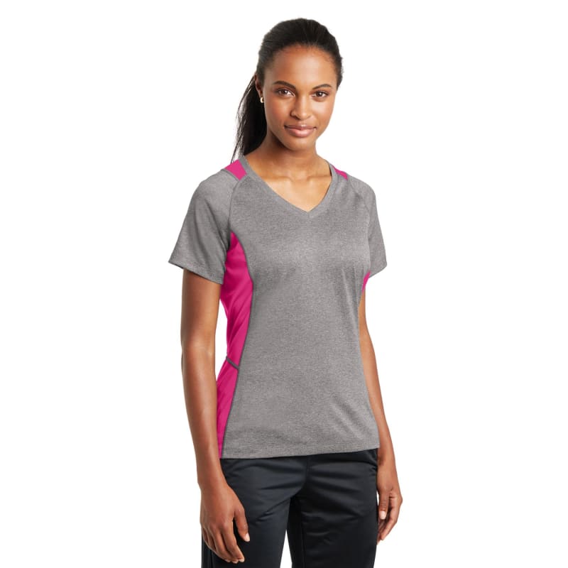 Sport-Tek Women's Heather Colorblock Contender V-Neck Tee. 13