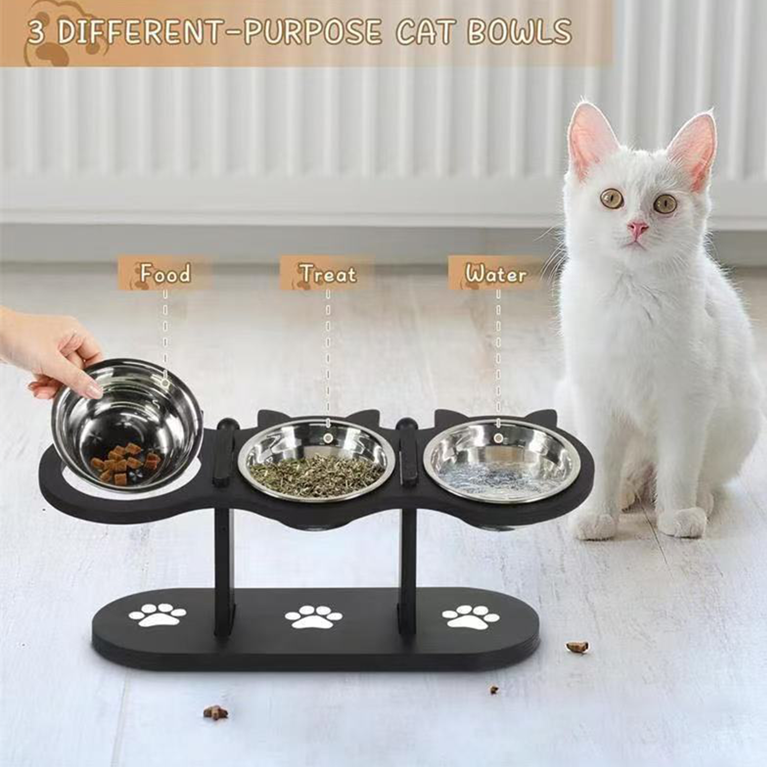 Adjustable Wooden Pet Feeder Stand with 3 Stainless Bowls 6