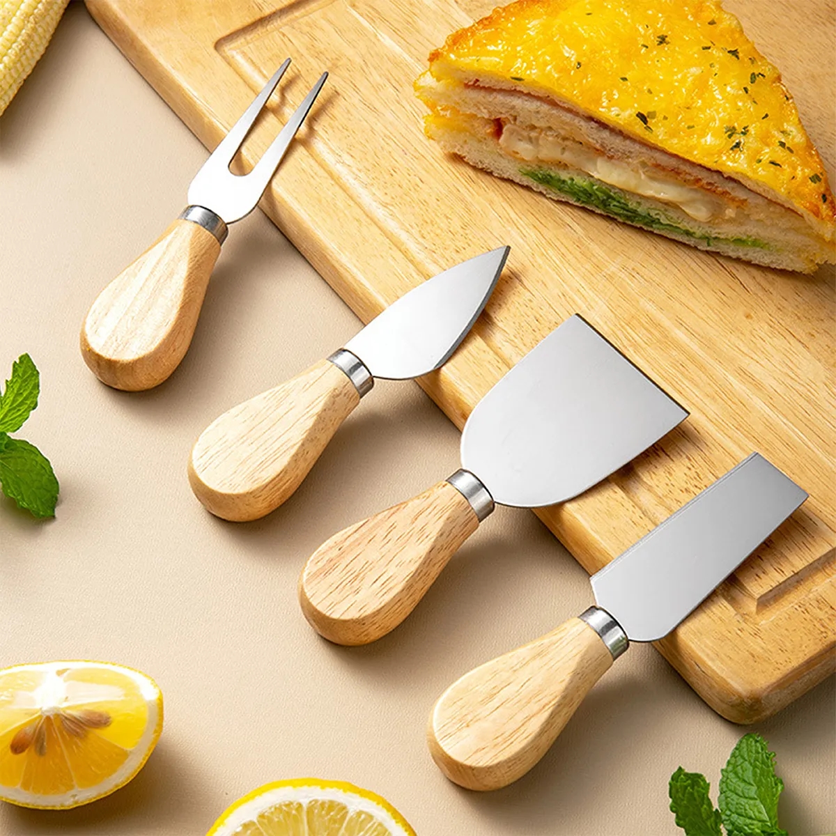 Wooden Handle Stainless Steel Cheese Knife Tools 4 Set 4
