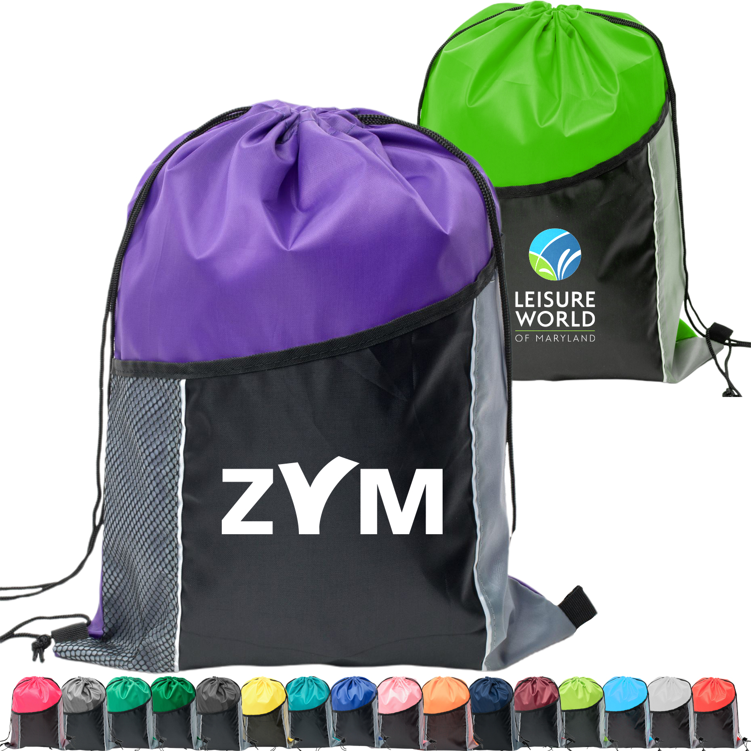 Premium Tri Color Drawstring Backpack w/ Side Mesh Pocket Bag (14" x 18") 4
