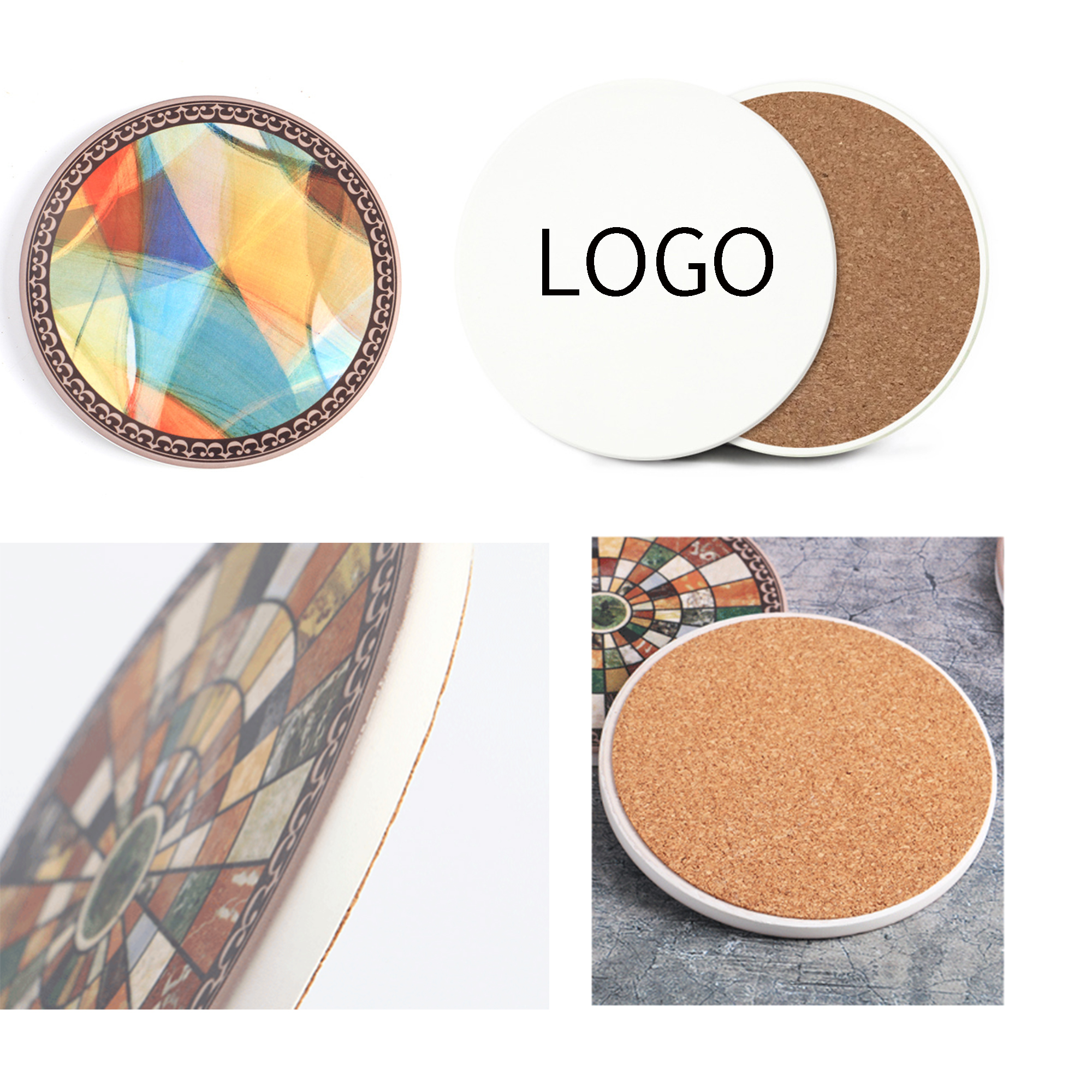 4" x 4" Round Cork Ceramic Coaster 2