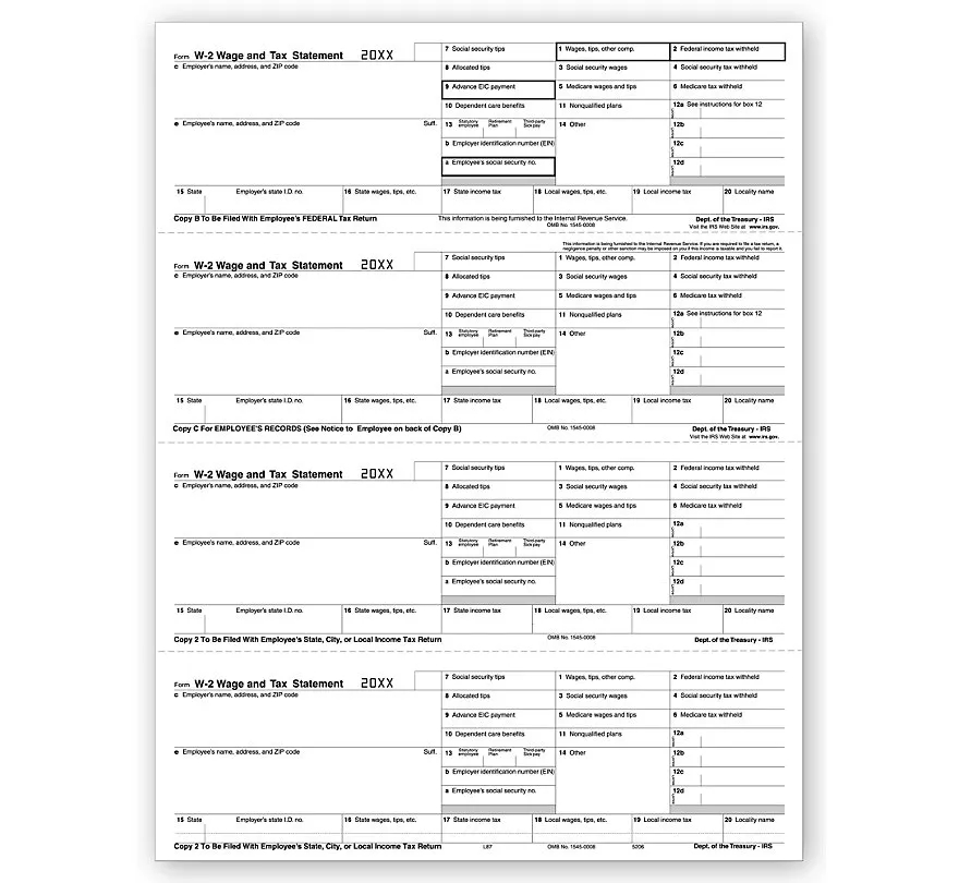 W-2 Tax Forms, 4-Up, Employee Copy, Horizontal 1
