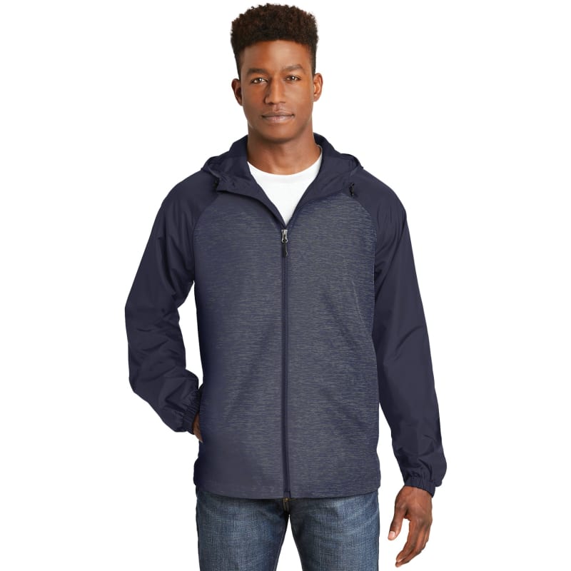 Sport-Tek Heather Colorblock Raglan Hooded Wind Jacket. 21
