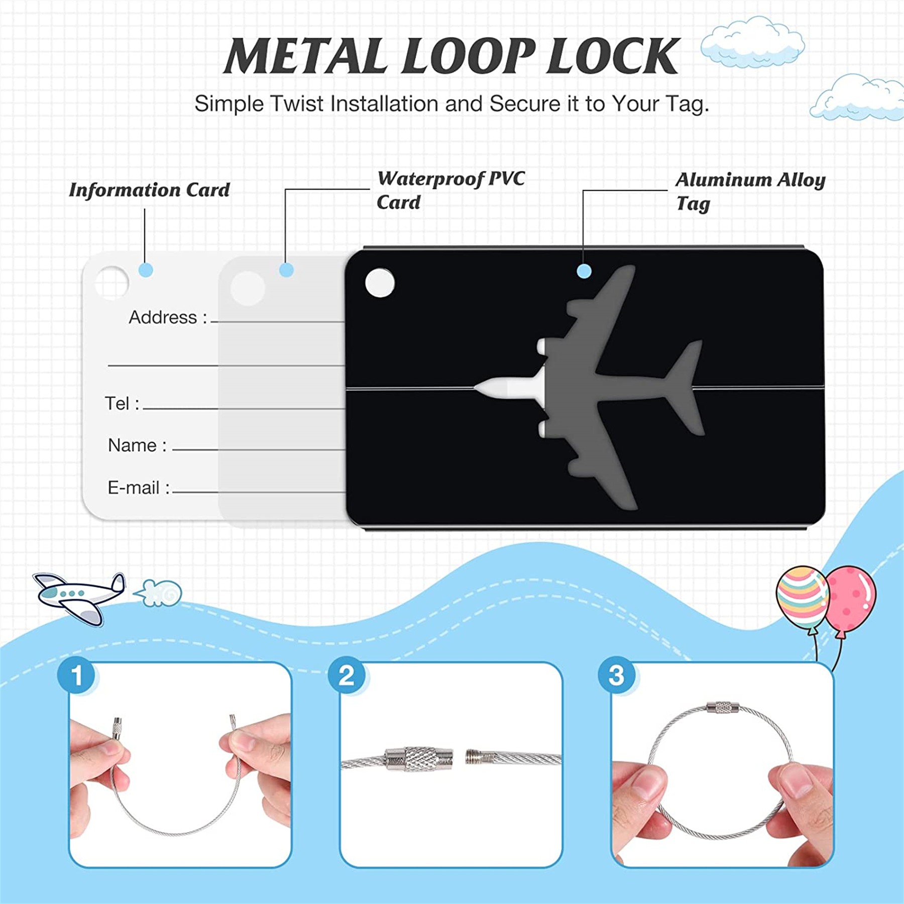 Aluminum Luggage Tag With Stainless Steel Loop 4