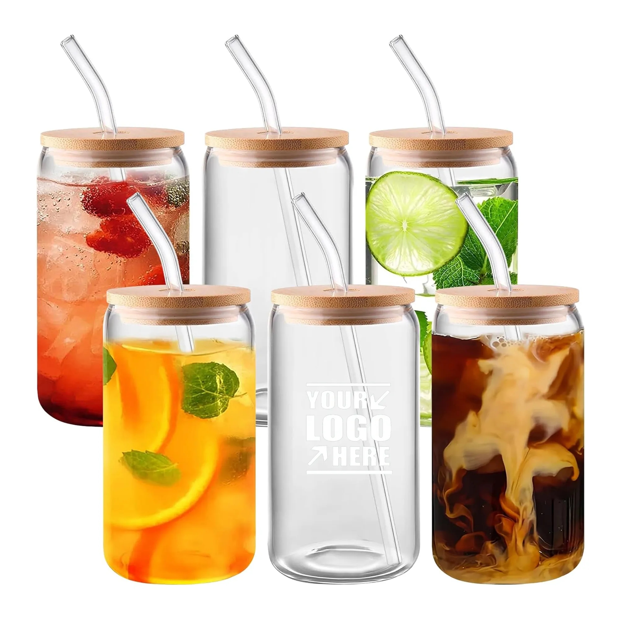 16 oz Glass Cups With Bamboo Lids and Straws 2