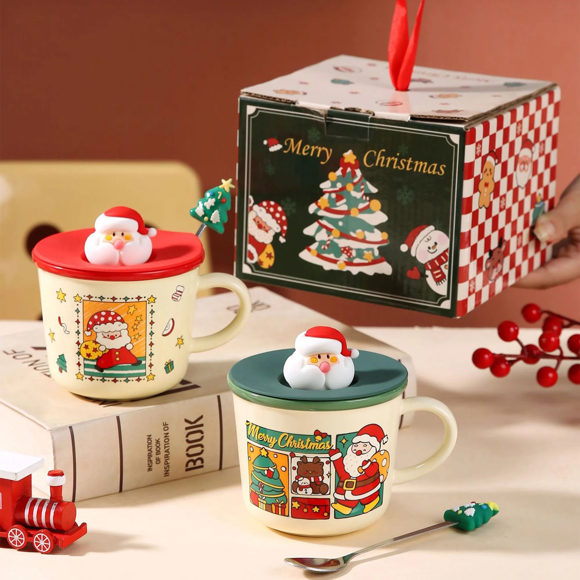 Christmas Ceramic Mug With Spoon And Lid 2