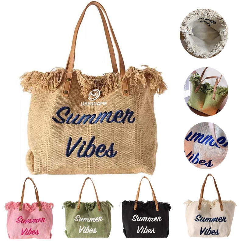 Cotton Canvas Linen Tote Bag Fringe Tote Bag with Tassel 2