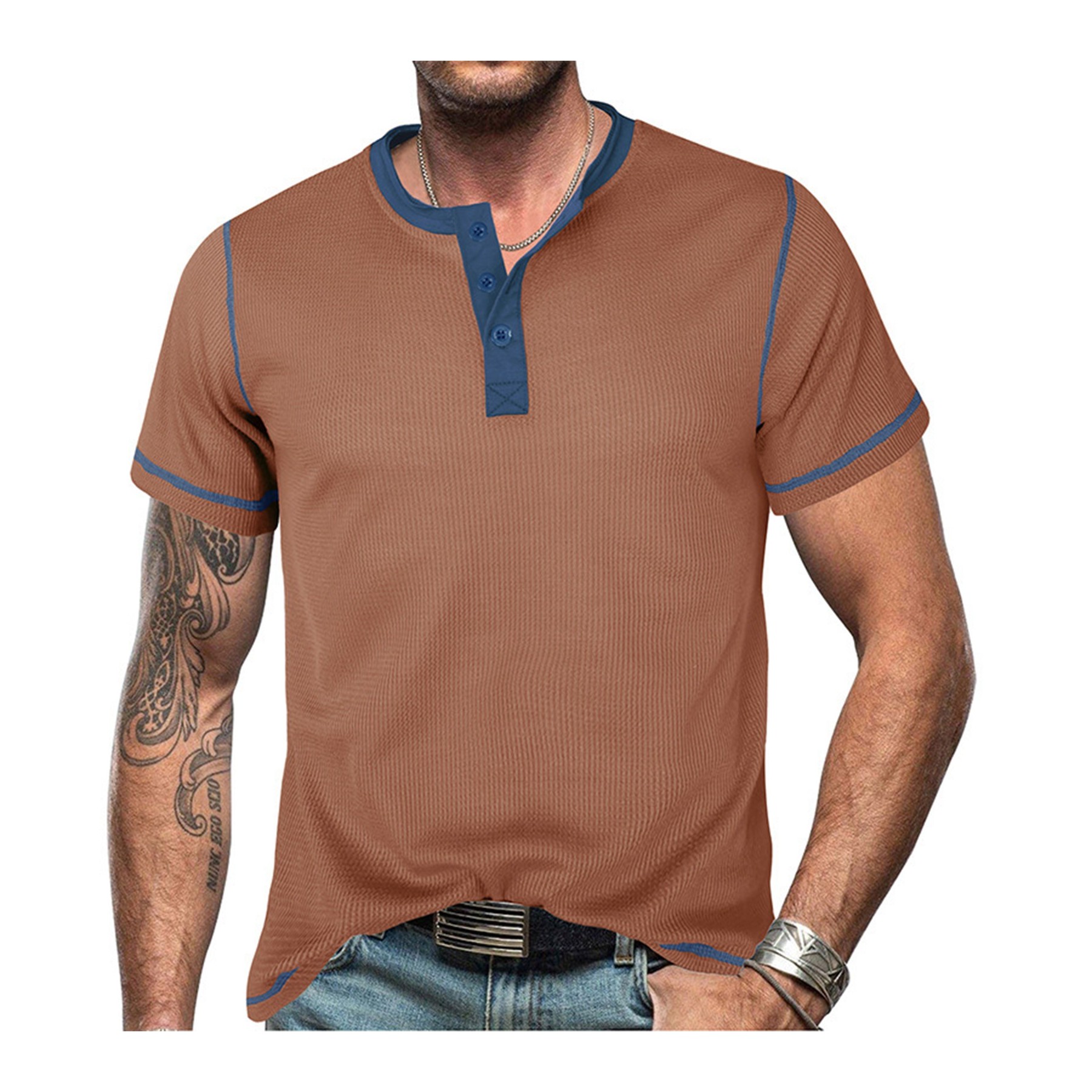 Summer Retro Waffle Color Block Henry T-shirt 6