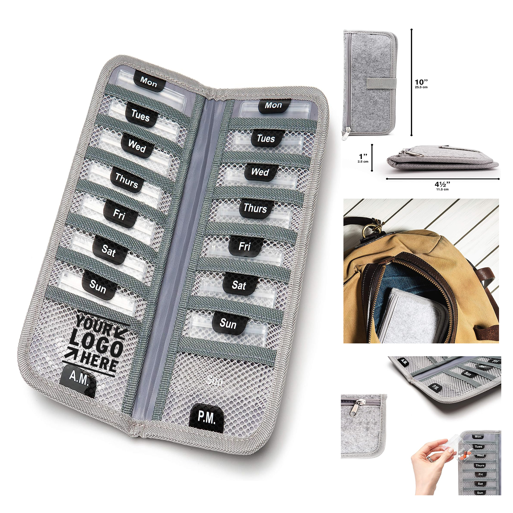 Grey Travel 14 Labeled Monday-Sunday AM/PM Vitamins Pouches Bi-Folding Pill