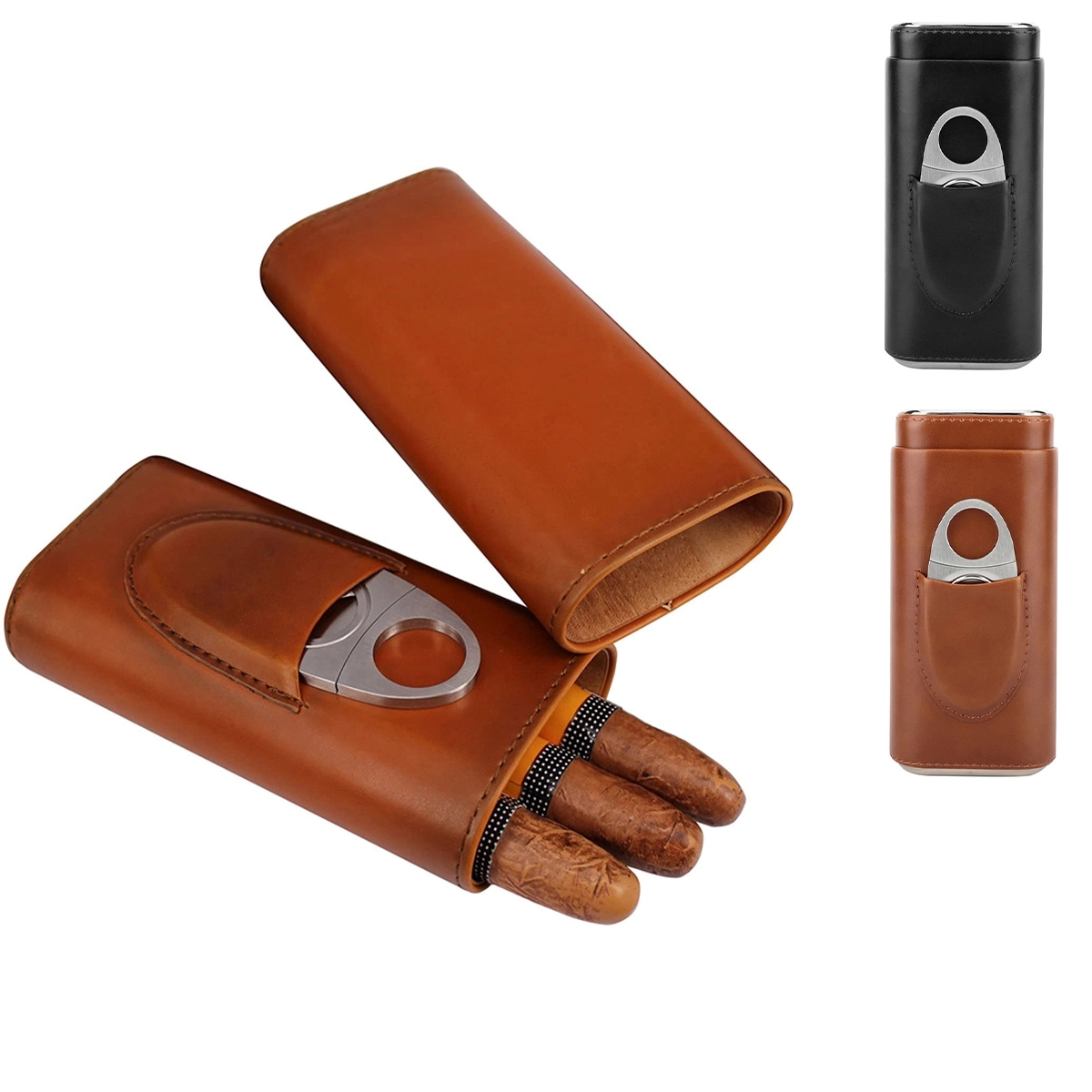 Leather Cigar Case With Silver Stainless Steel Cutter 3