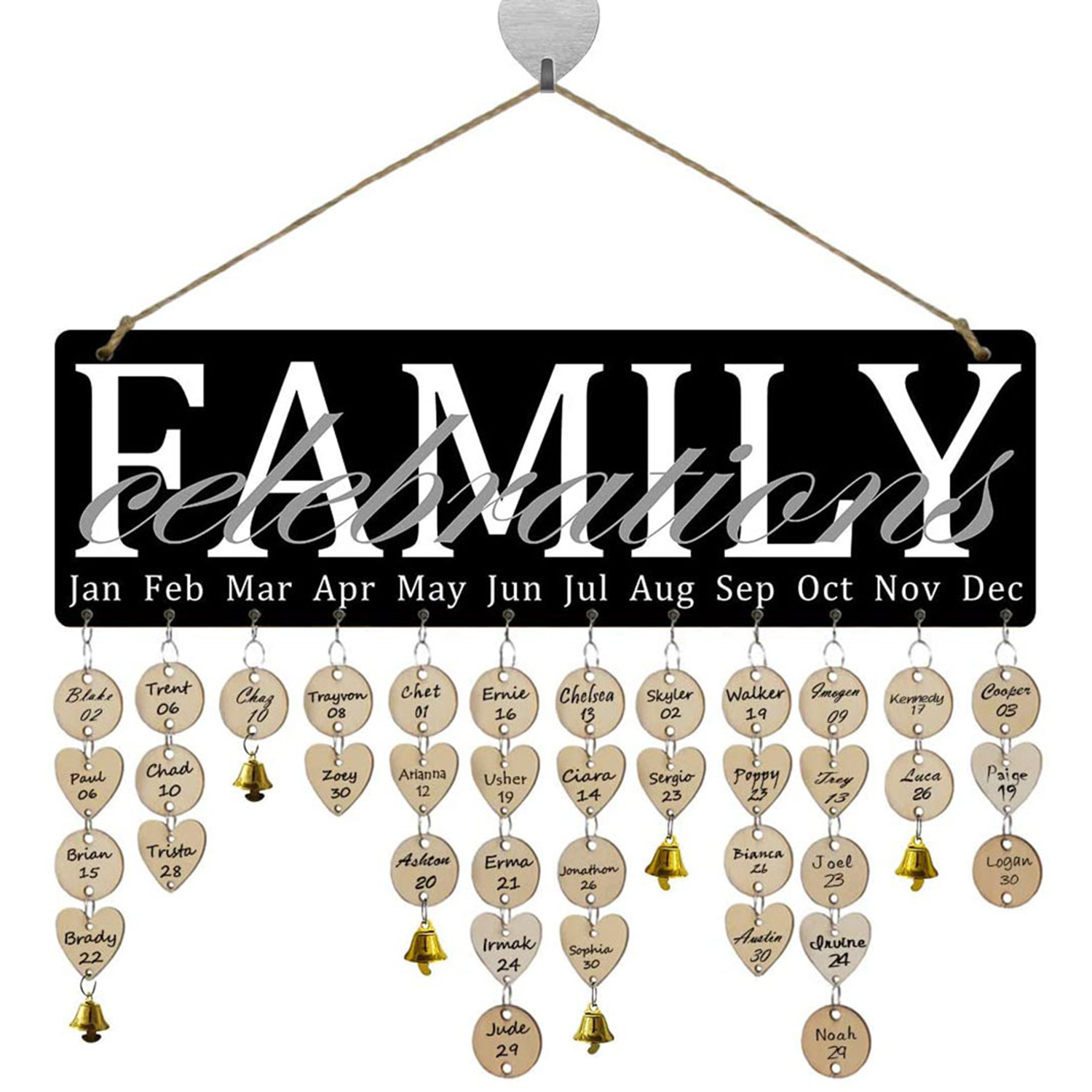 Wooden Hanging Family Birthday Calendar Board w/ Bells 5