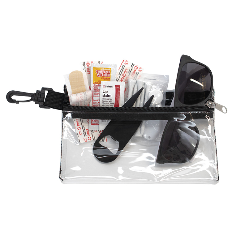 "CHIP 16" 16 Piece Golf Kit in Supersized Zipper Pack Components inserted into Zipper kit with Carab 10