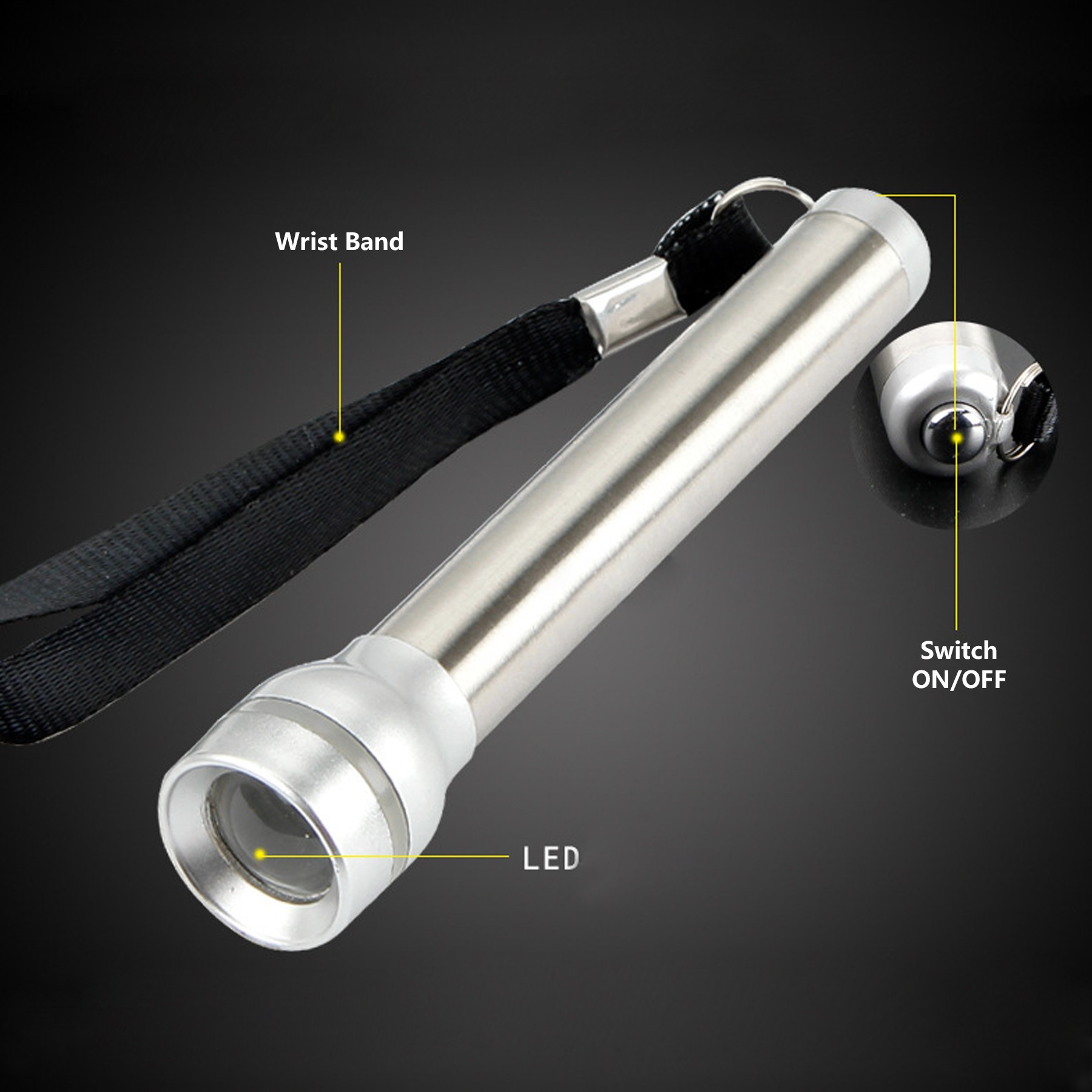 Round Top Stainless Steel LED Flashlight Compact Design With Wristband 13