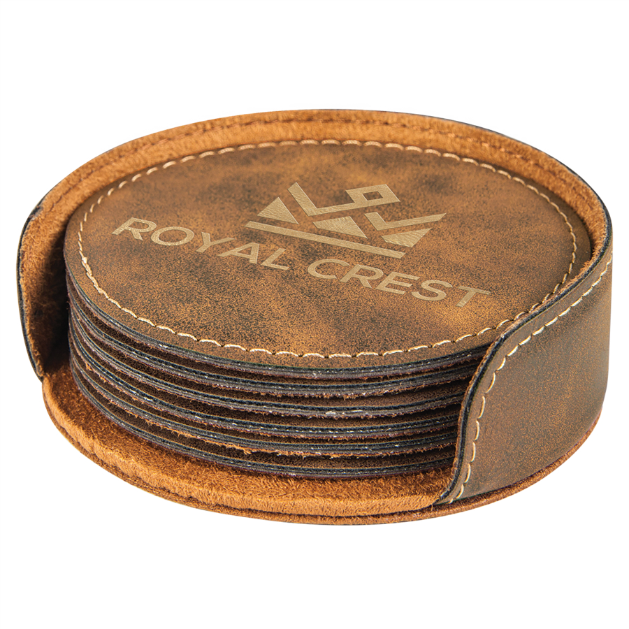 4" Rustic/Gold Round Leatherette 6-Coaster Set 1